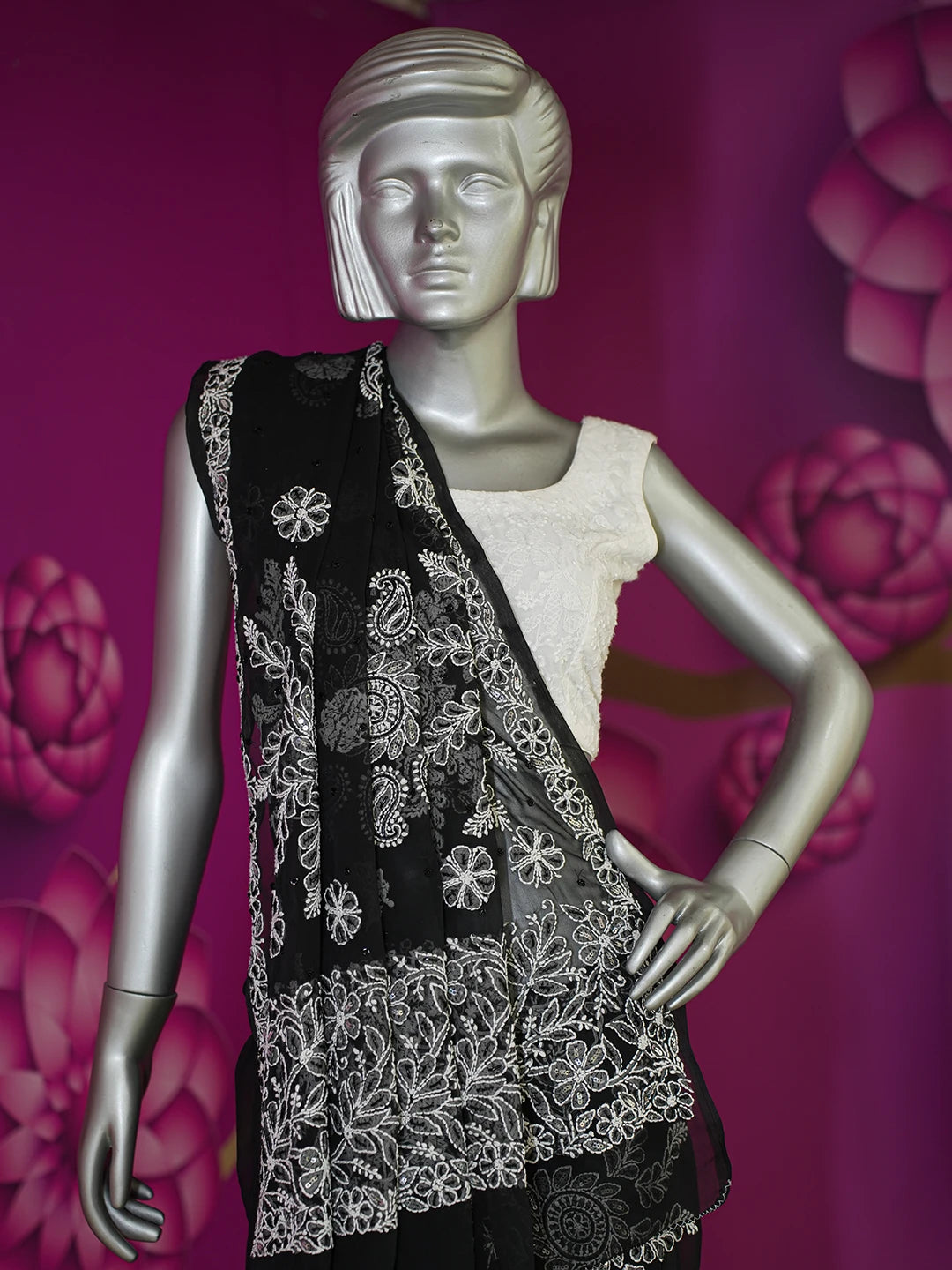 Ada Hand Embroidered Black Georgette Lucknowi Chikankari Saree/Blouse With Cutdana Work 01A572676
