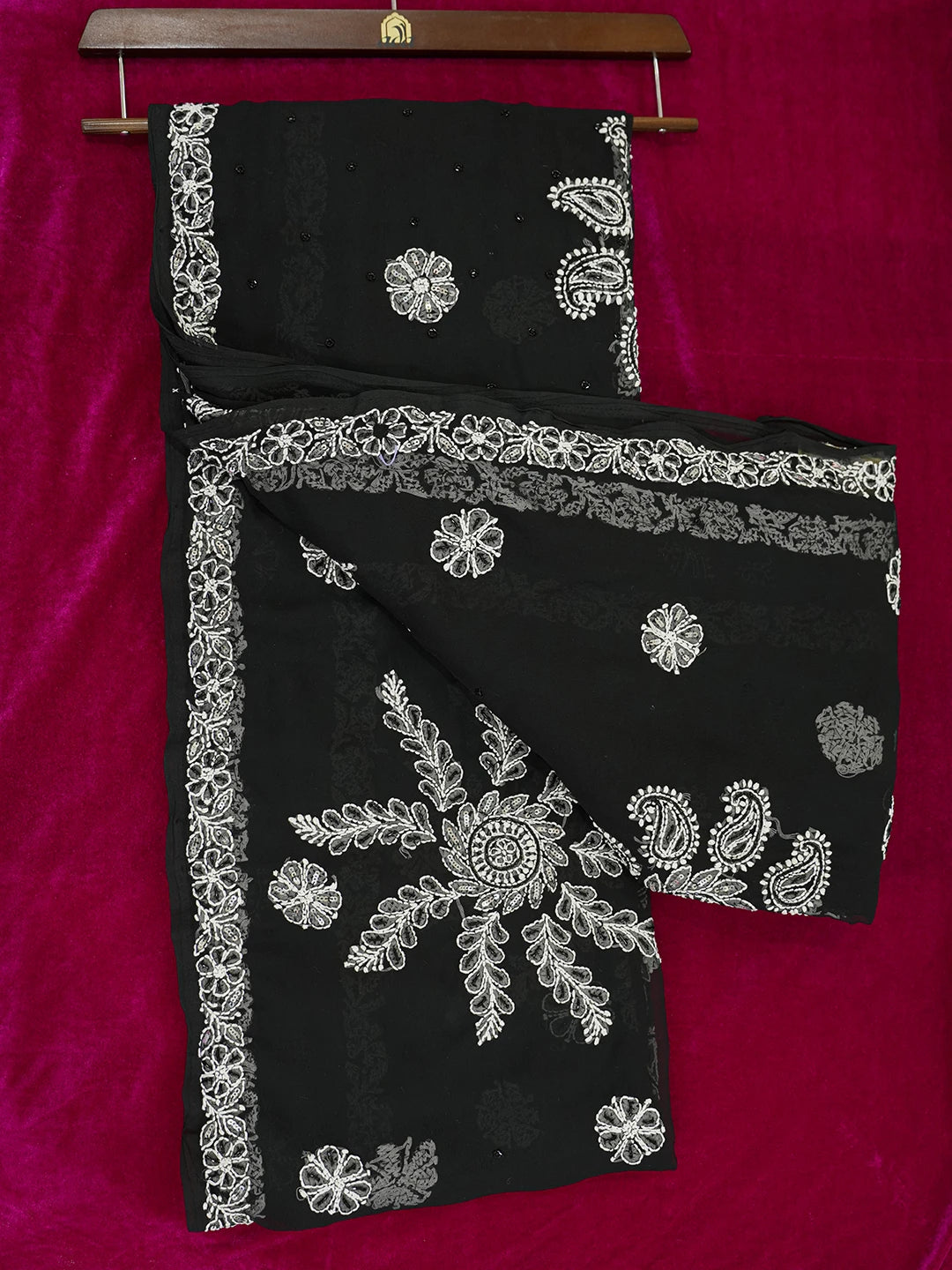Ada Hand Embroidered Black Georgette Lucknowi Chikankari Saree/Blouse With Cutdana Work 01A572676
