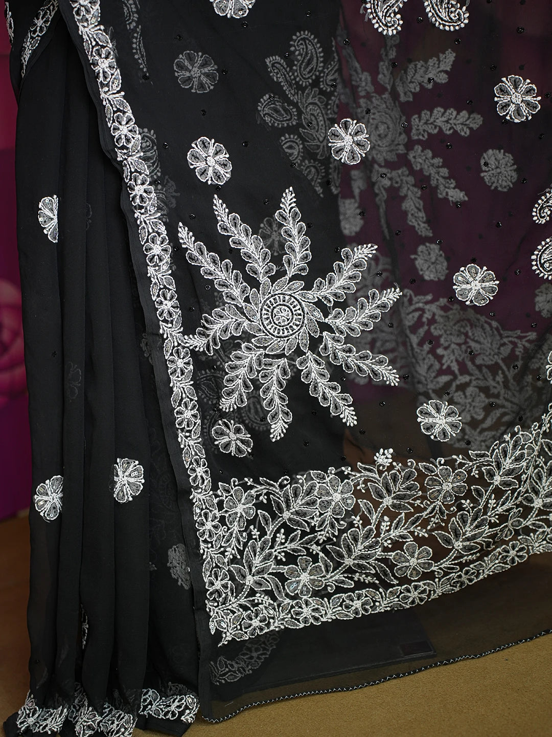 Ada Hand Embroidered Black Georgette Lucknowi Chikankari Saree/Blouse With Cutdana Work 01A572676