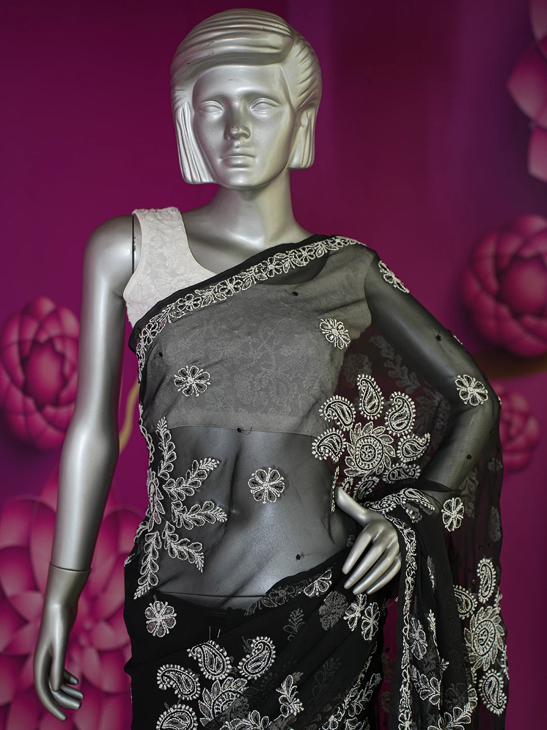 Ada Hand Embroidered Black Georgette Lucknowi Chikankari Saree/Blouse With Cutdana Work 01A572676