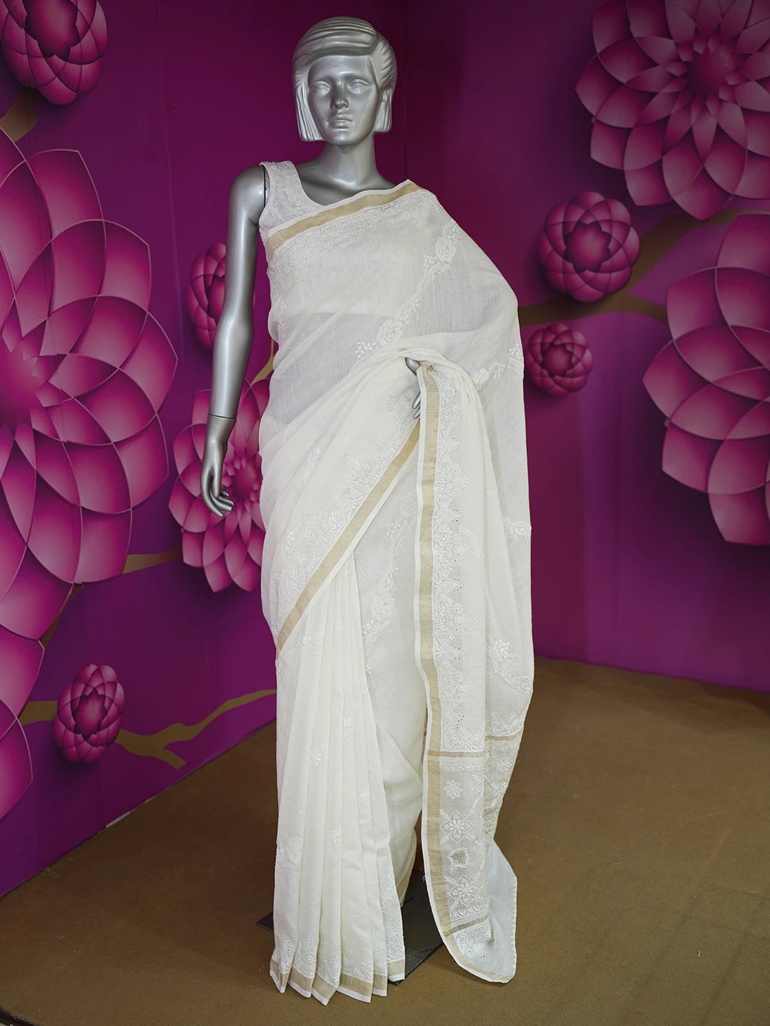 Ada Hand Embroidered Cream Kota Lucknowi Chikankari Saree with Blouse 01A600419