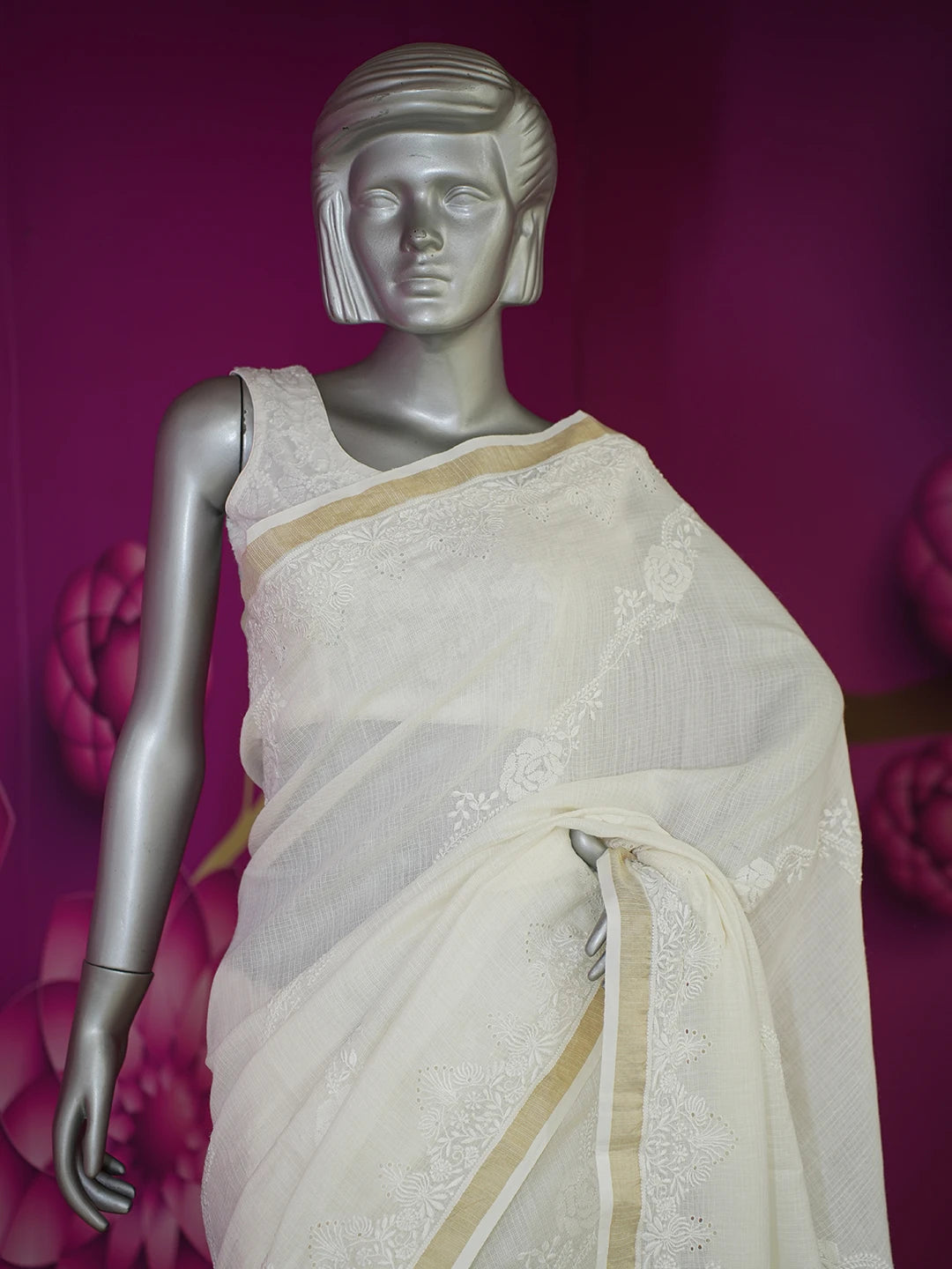 Ada Hand Embroidered Cream Kota Lucknowi Chikankari Saree with Blouse 01A600419