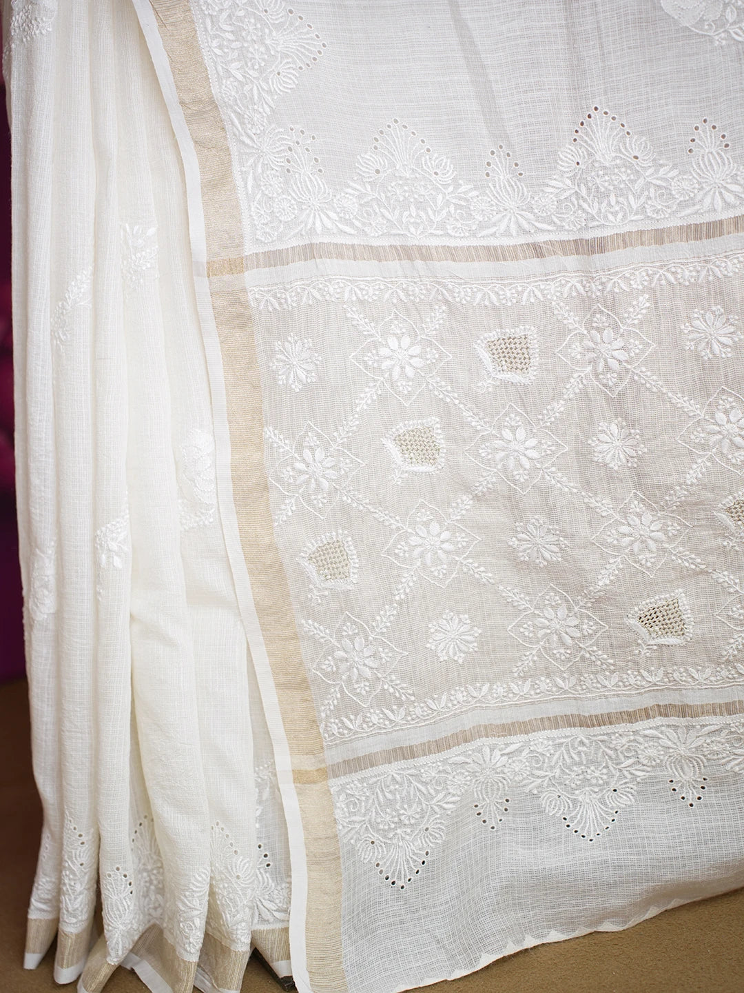 Ada Hand Embroidered Cream Kota Lucknowi Chikankari Saree with Blouse 01A600419
