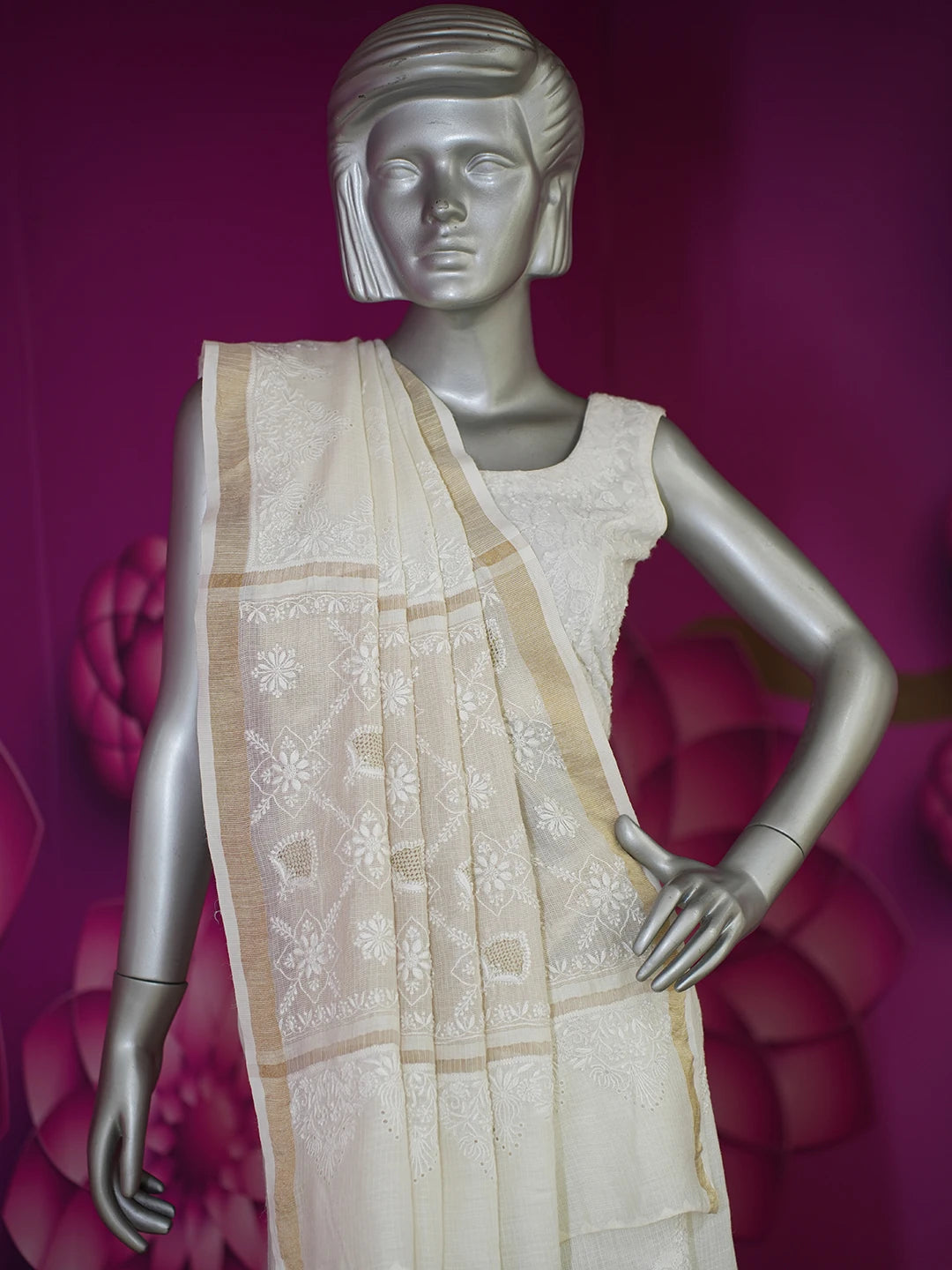 Ada Hand Embroidered Cream Kota Lucknowi Chikankari Saree with Blouse 01A600419