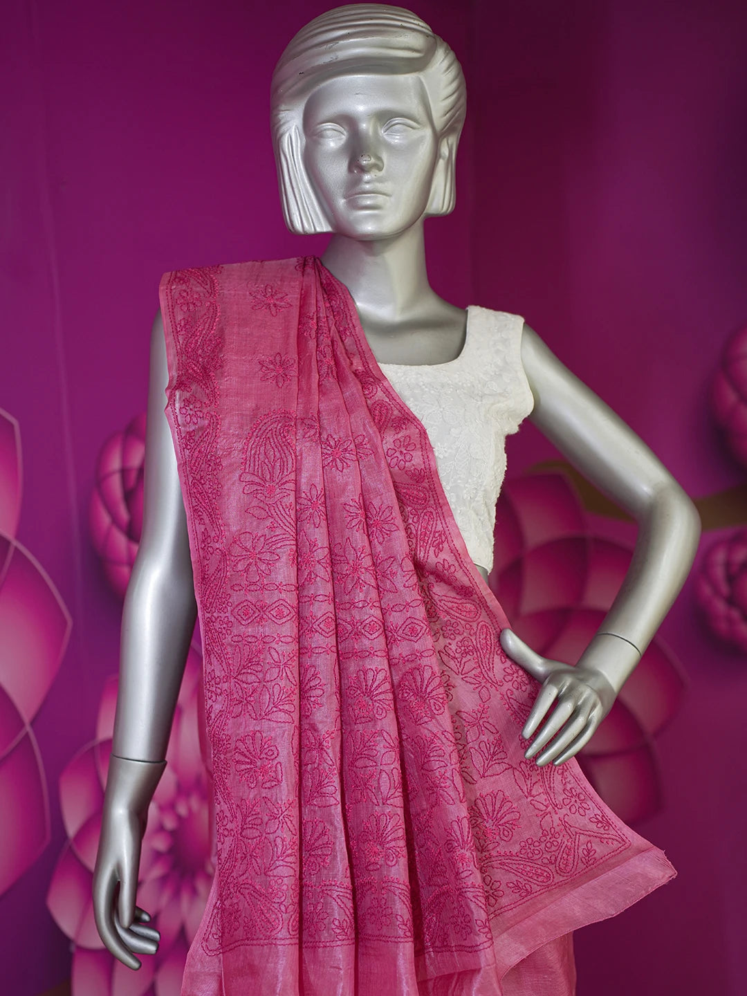 Ada Hand Embroidered Onion Pink Tussar Silk Lucknowi Chikankari Saree and Blouse 01A616233