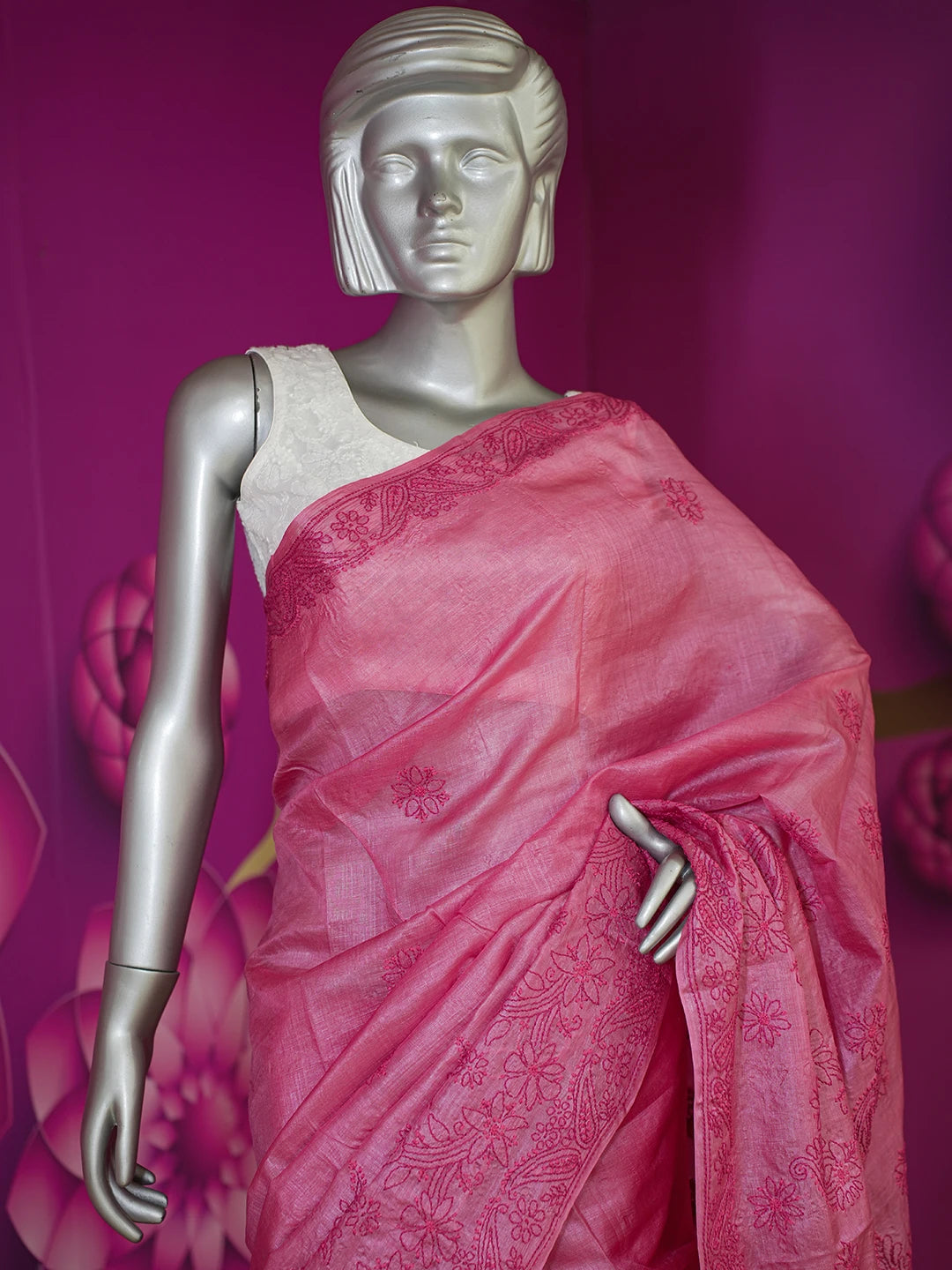 Ada Hand Embroidered Onion Pink Tussar Silk Lucknowi Chikankari Saree and Blouse 01A616233