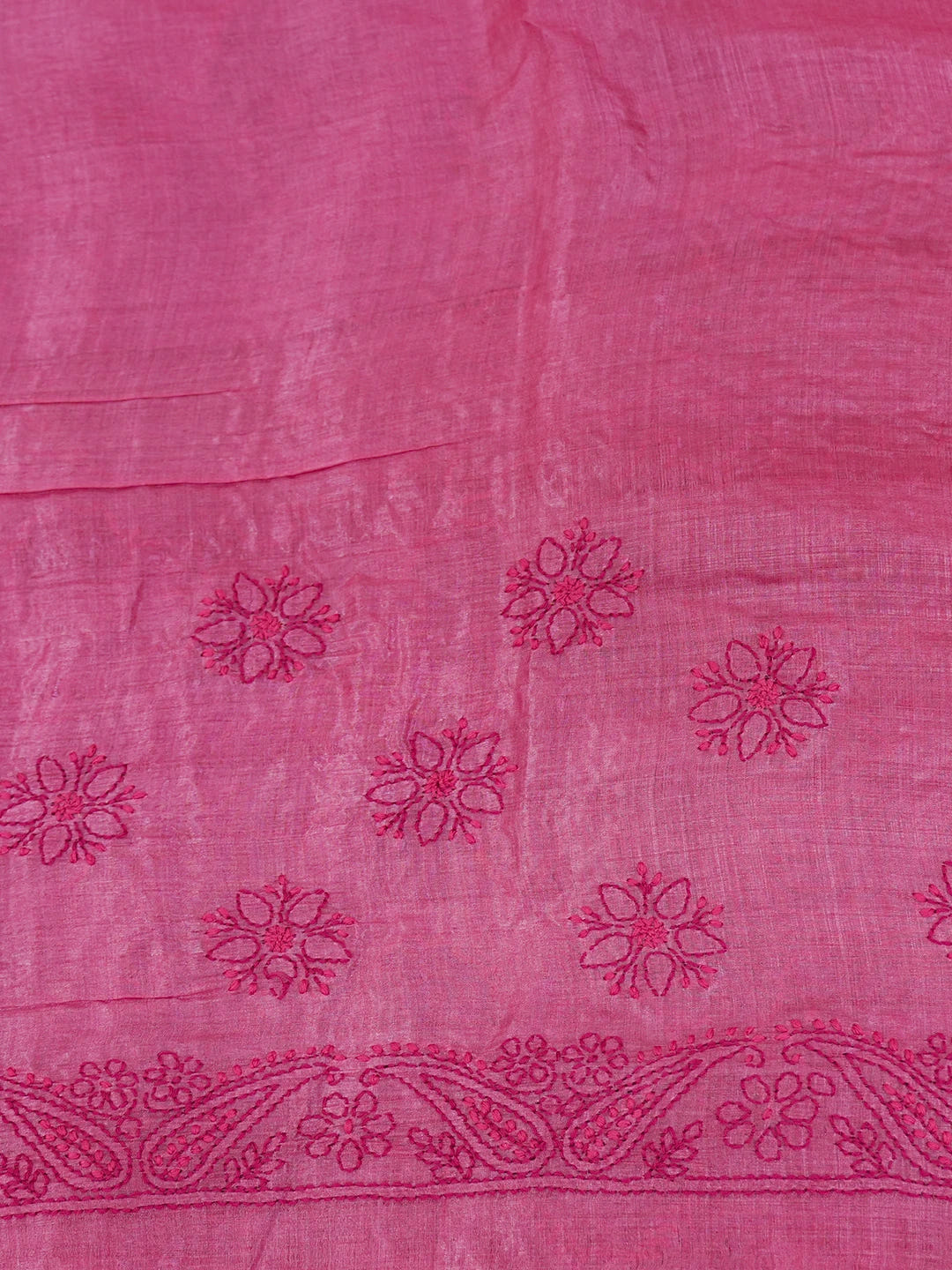 Ada Hand Embroidered Onion Pink Tussar Silk Lucknowi Chikankari Saree and Blouse 01A616233