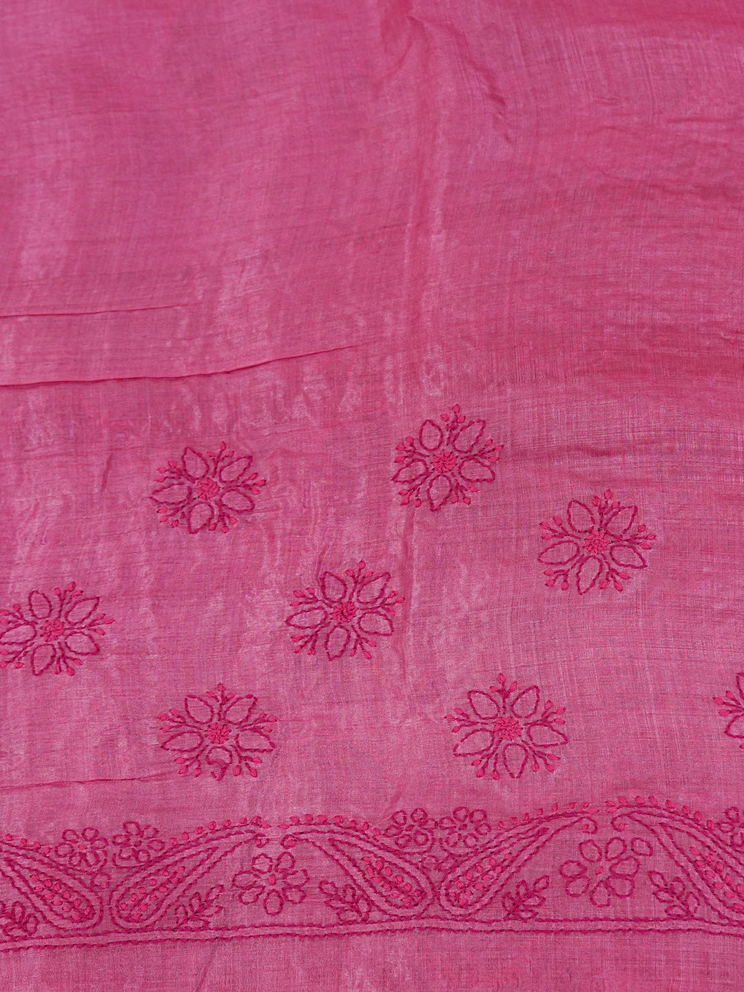 Ada Hand Embroidered Onion Pink Tussar Silk Lucknowi Chikankari Saree and Blouse 01A616233