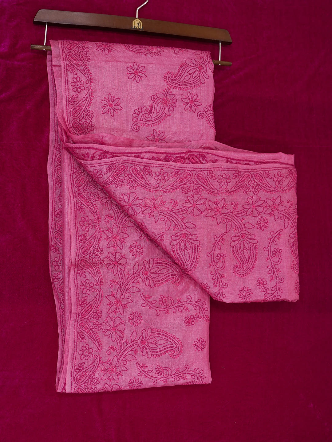 Ada Hand Embroidered Onion Pink Tussar Silk Lucknowi Chikankari Saree and Blouse 01A616233