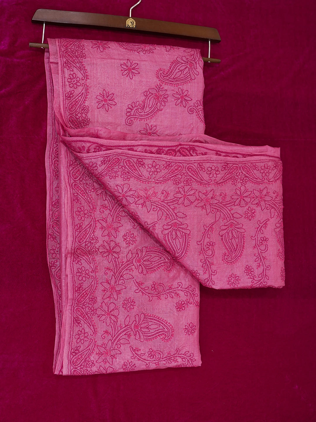 Ada Hand Embroidered Onion Pink Tussar Silk Lucknowi Chikankari Saree and Blouse 01A616233