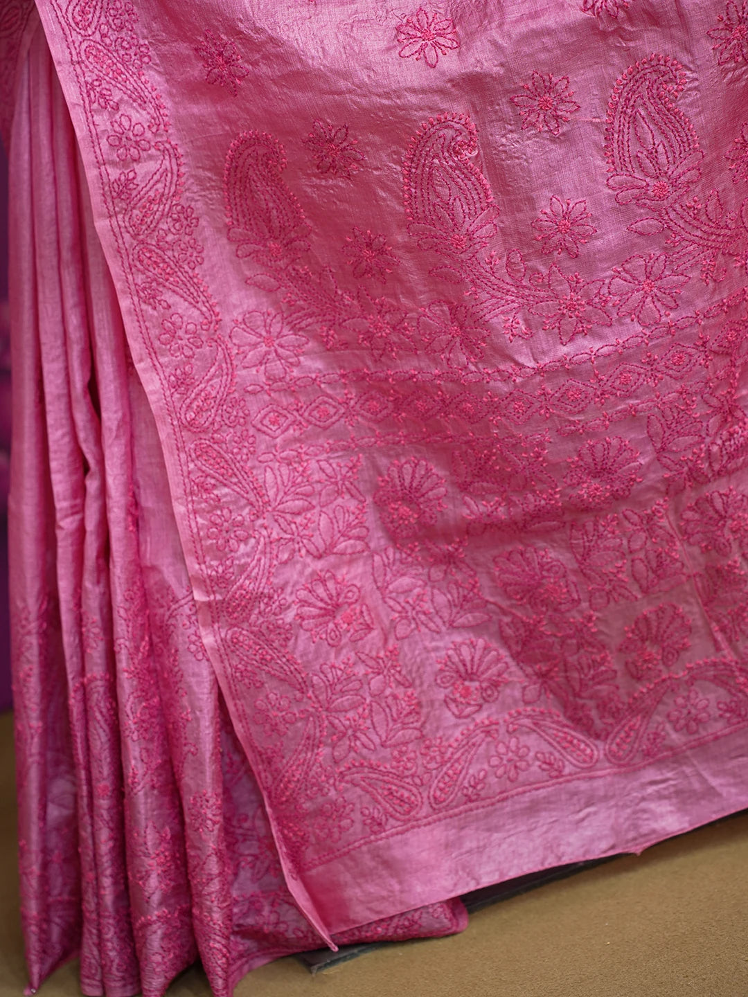 Ada Hand Embroidered Onion Pink Tussar Silk Lucknowi Chikankari Saree and Blouse 01A616233
