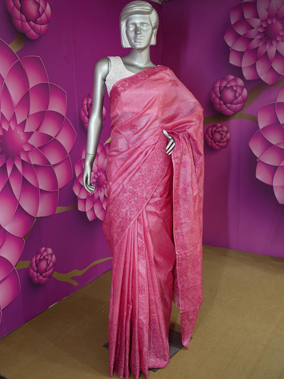 Ada Hand Embroidered Onion Pink Tussar Silk Lucknowi Chikankari Saree and Blouse 01A616233