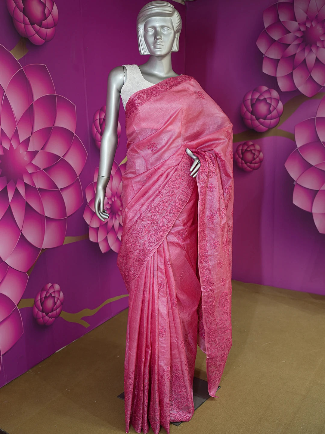 Ada Hand Embroidered Onion Pink Tussar Silk Lucknowi Chikankari Saree and Blouse 01A616233