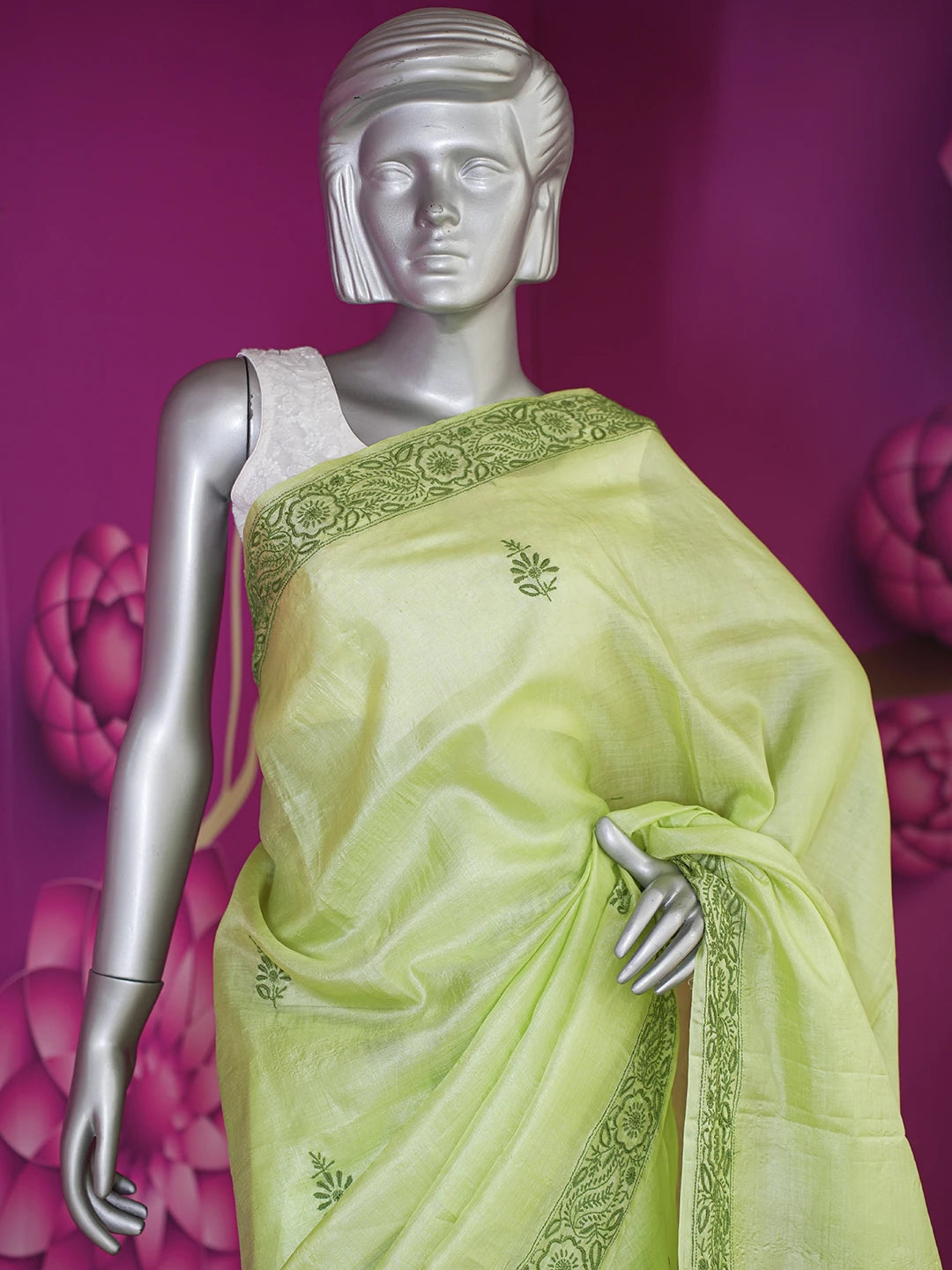 Ada Hand Embroidered Green Silk Lucknowi Chikankari Saree and Blouse 01A596687