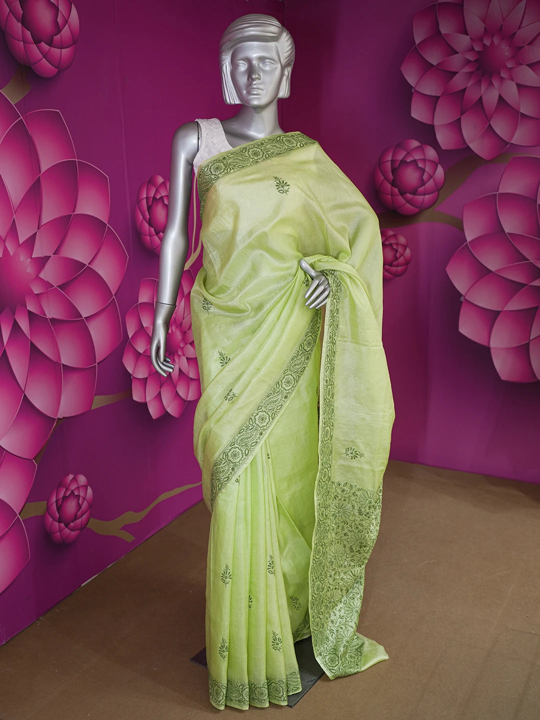 Ada Hand Embroidered Green Silk Lucknowi Chikankari Saree and Blouse 01A596687
