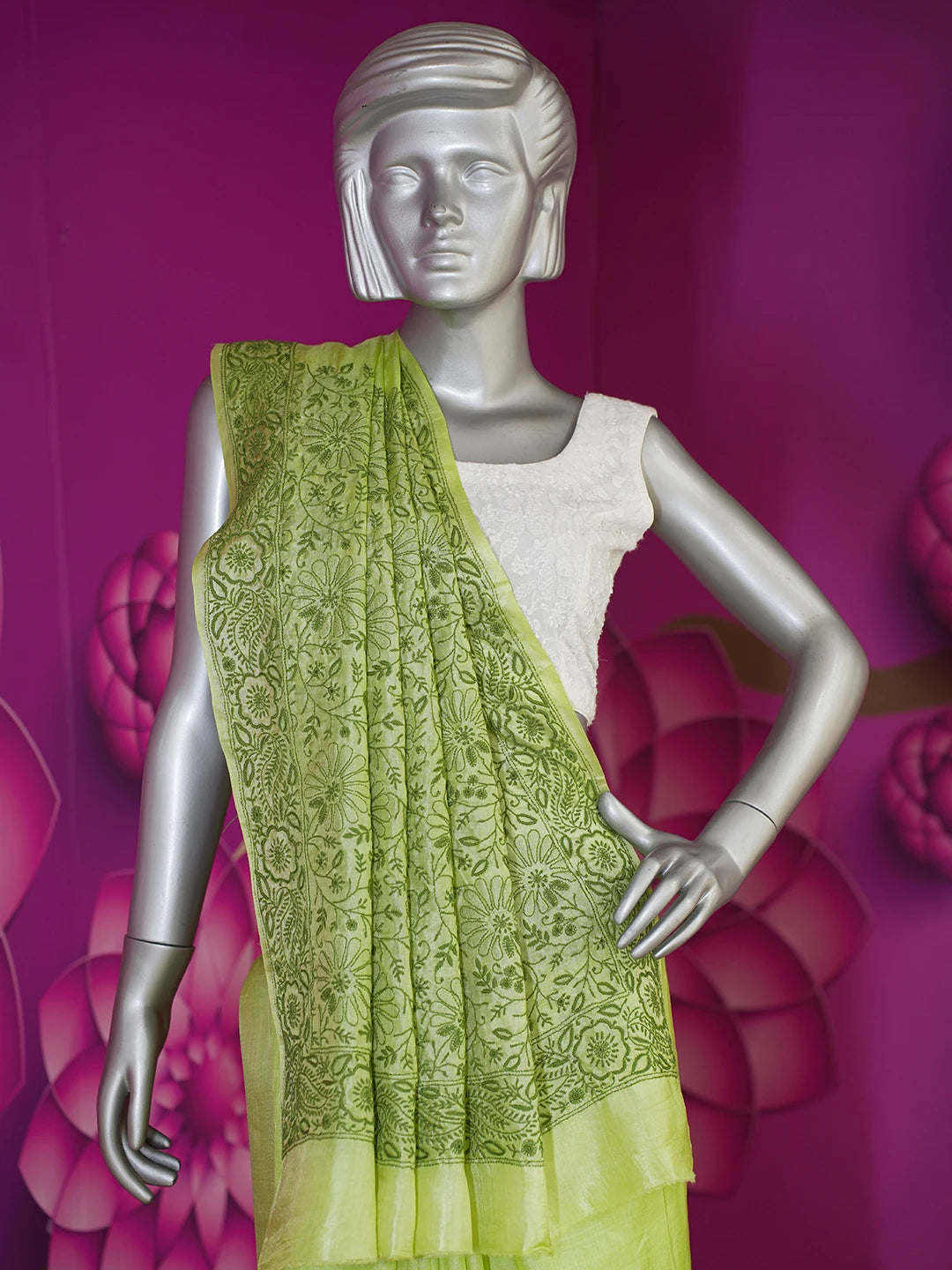 Ada Hand Embroidered Green Silk Lucknowi Chikankari Saree and Blouse 01A596687