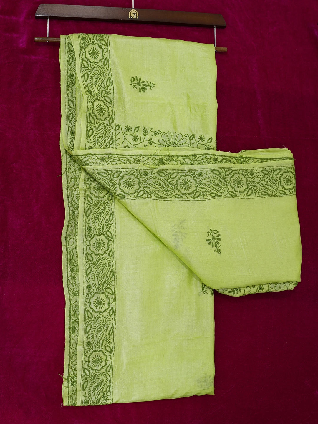 Ada Hand Embroidered Green Silk Lucknowi Chikankari Saree and Blouse 01A596687
