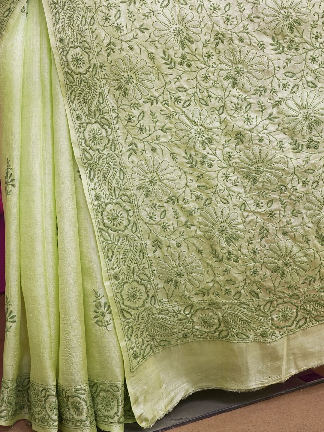 Ada Hand Embroidered Green Silk Lucknowi Chikankari Saree and Blouse 01A596687