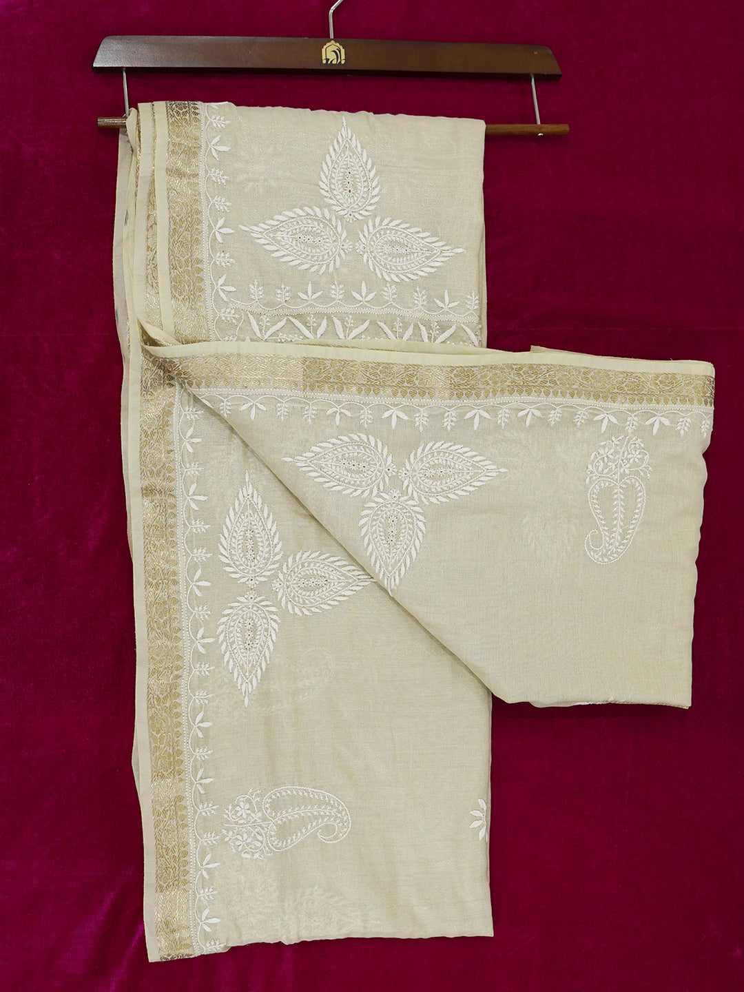 Ada Hand Embroidered Fawn Tissue Silk Lucknowi Chikankari Saree and Blouse 01A616322