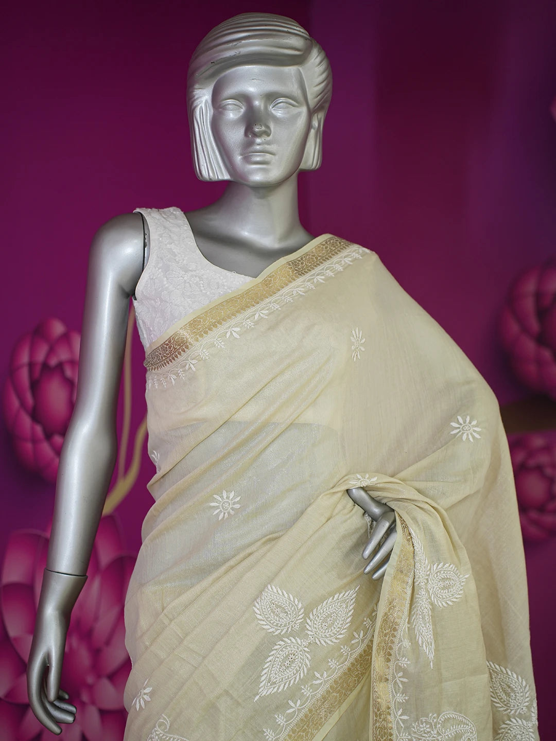 Ada Hand Embroidered Fawn Tissue Silk Lucknowi Chikankari Saree and Blouse 01A616322
