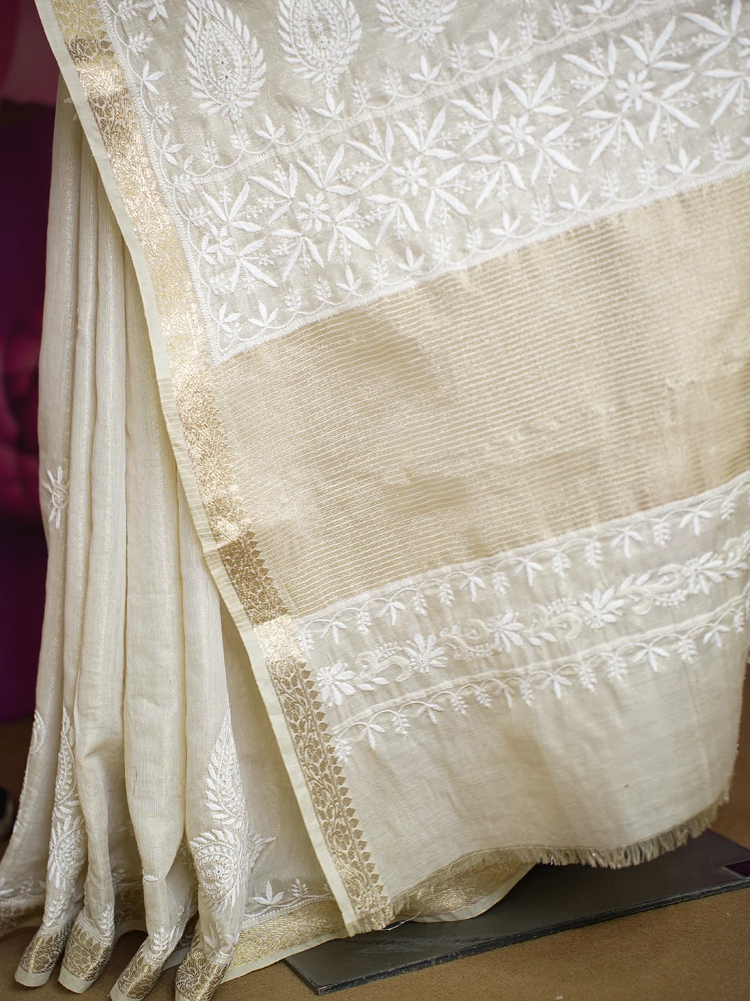 Ada Hand Embroidered Fawn Tissue Silk Lucknowi Chikankari Saree and Blouse 01A616322