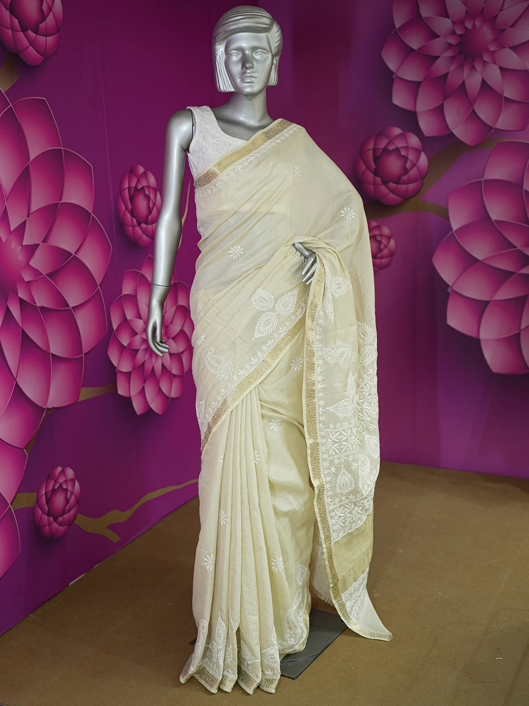 Ada Hand Embroidered Fawn Tissue Silk Lucknowi Chikankari Saree and Blouse 01A616322