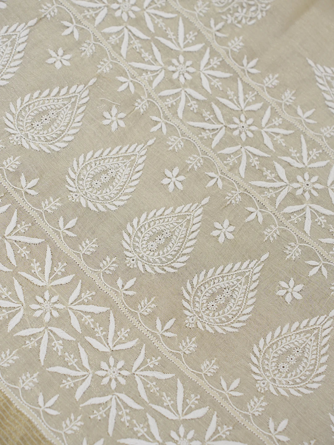 Ada Hand Embroidered Fawn Tissue Silk Lucknowi Chikankari Saree and Blouse 01A616322