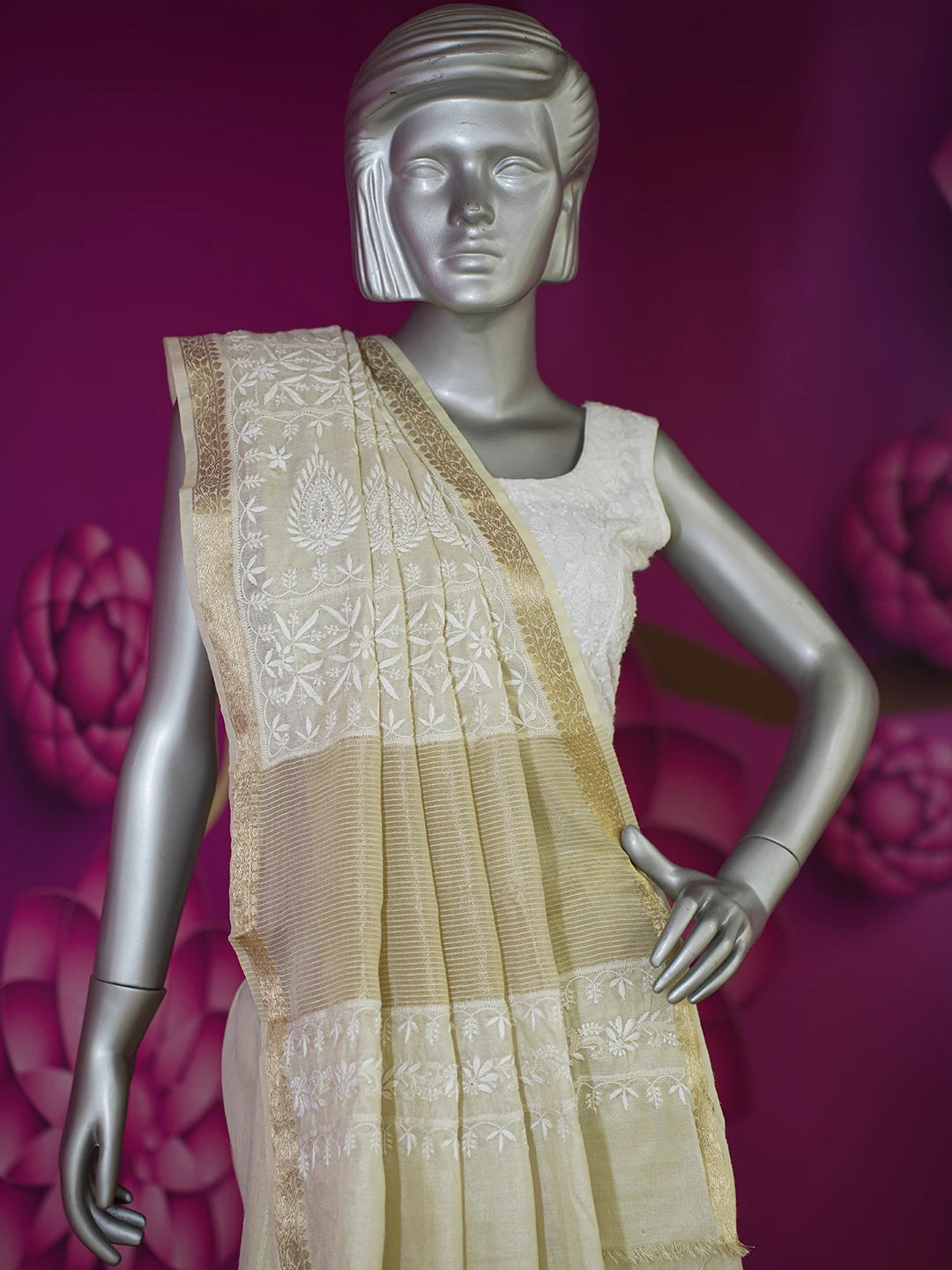 Ada Hand Embroidered Fawn Tissue Silk Lucknowi Chikankari Saree and Blouse 01A616322