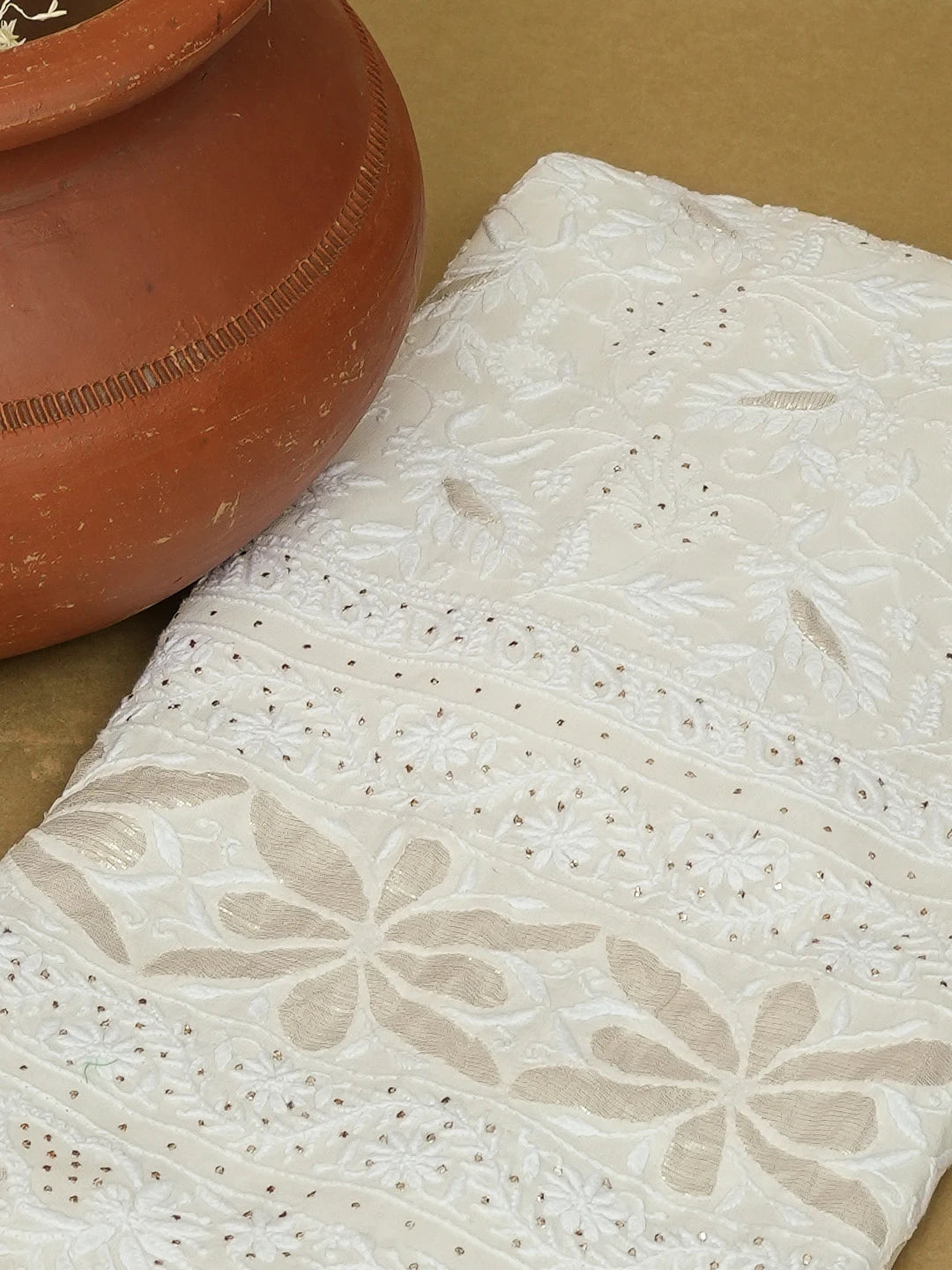 Ada Hand Embroidered White Pure Georgette Lucknowi Chikankari Unstitched Kurta Piece With Muqaish Work 01A462037