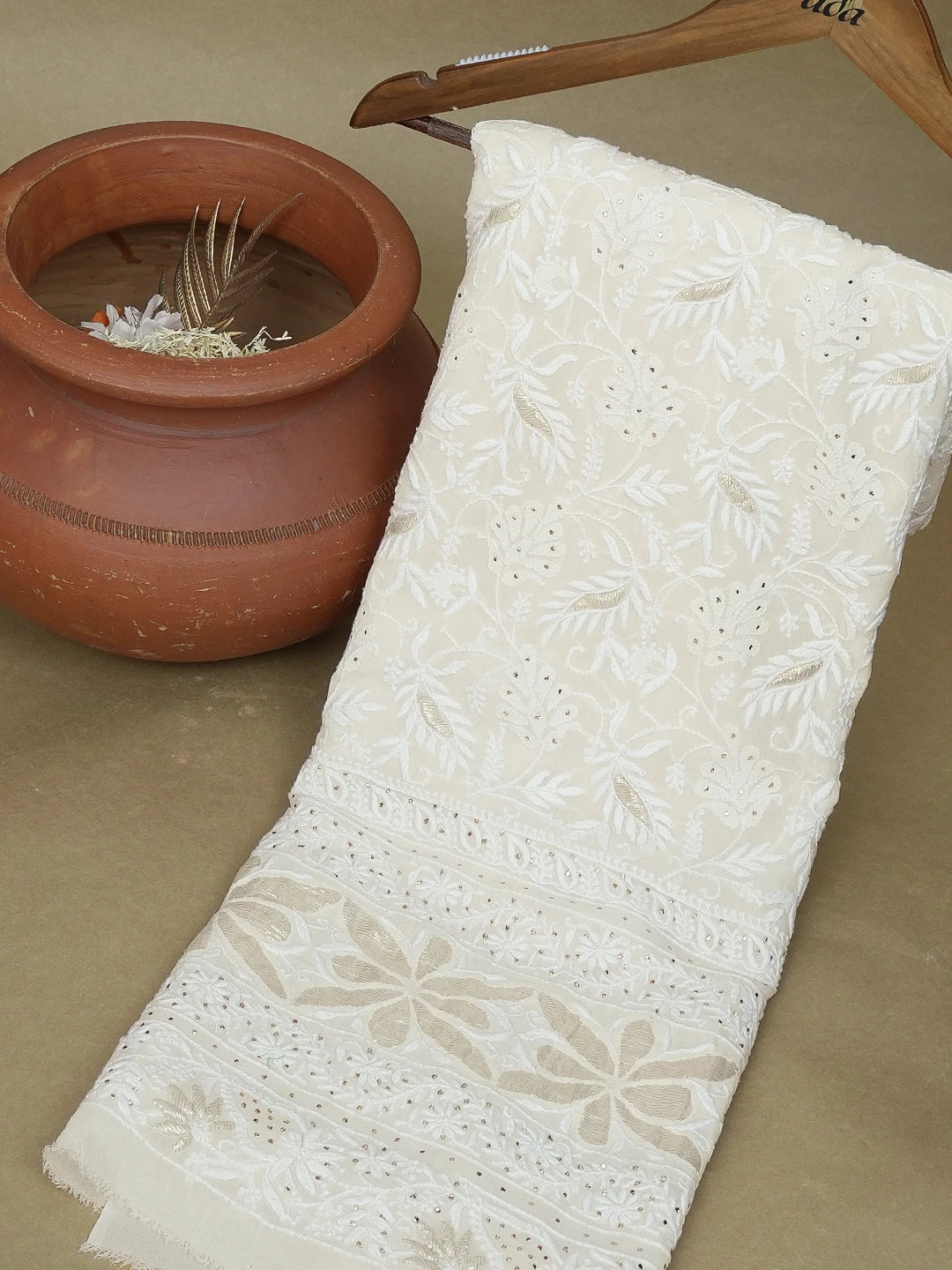 Ada Hand Embroidered White Pure Georgette Lucknowi Chikankari Unstitched Kurta Piece With Muqaish Work 01A462037
