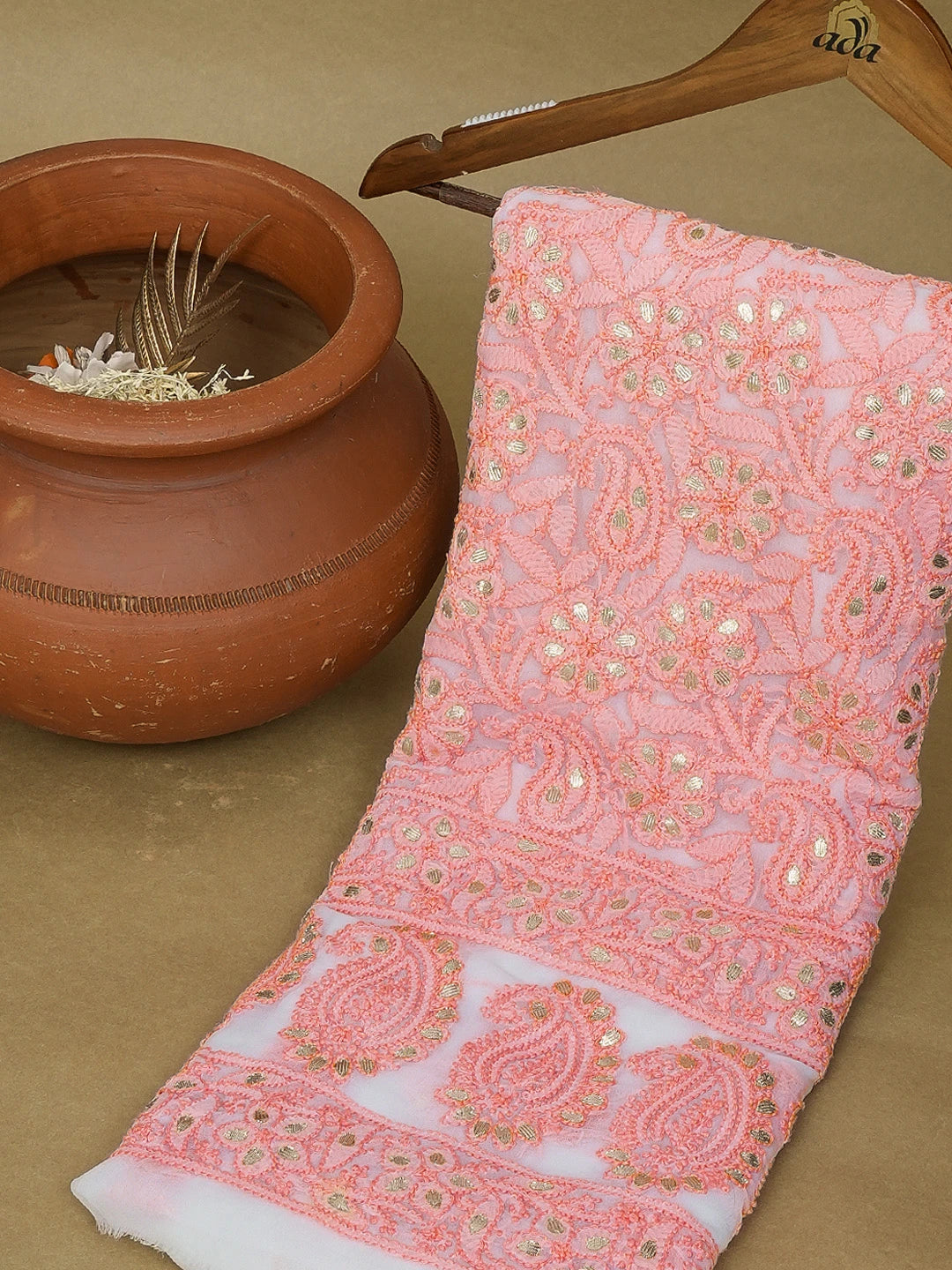 Ada Hand Embroidered White Georgette Lucknowi Chikankari Unstitched Kurta Piece with Gota Patti Work 01A614072