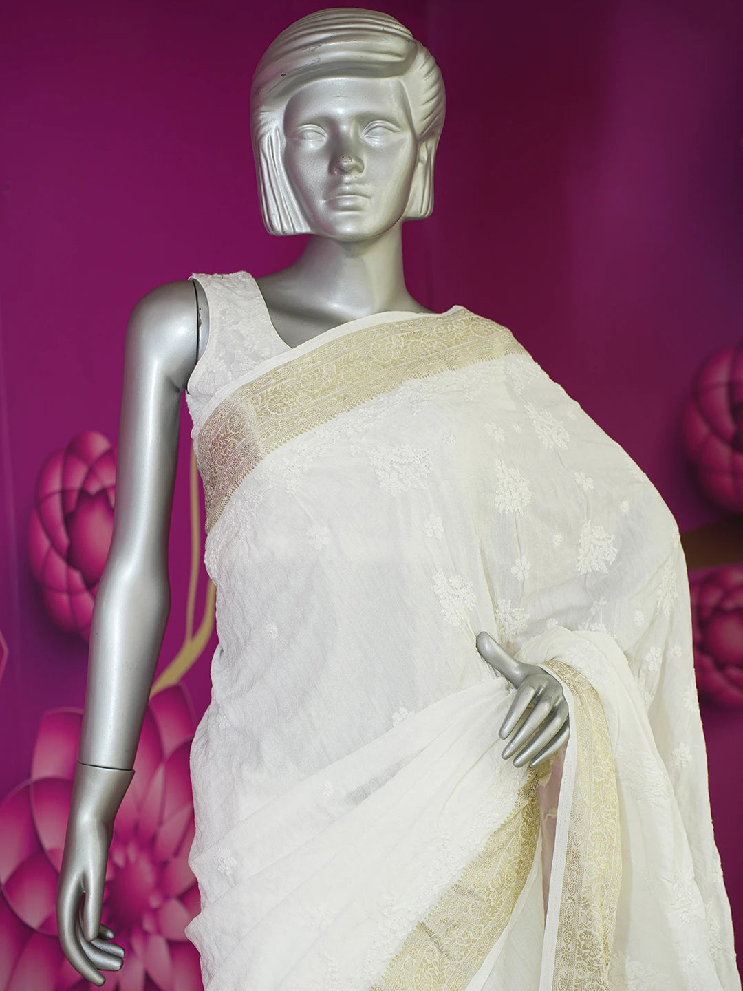 Ada Hand Embroidered White Crepe Lucknowi Chikankari Saree and Blouse 01A613804