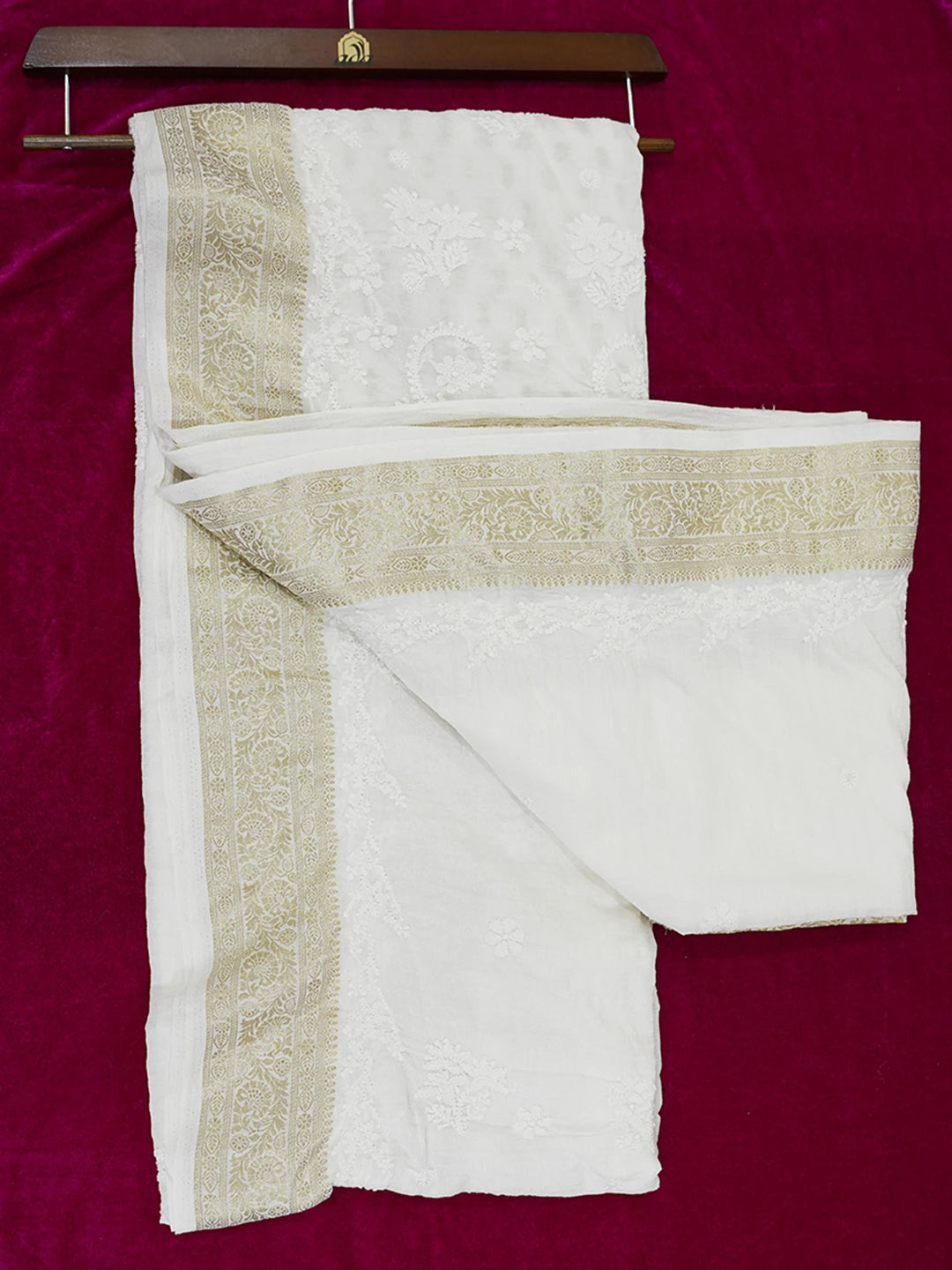 Ada Hand Embroidered White Crepe Lucknowi Chikankari Saree and Blouse 01A613804