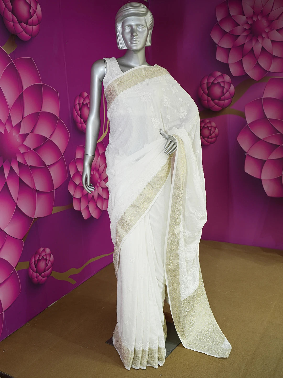 Ada Hand Embroidered White Crepe Lucknowi Chikankari Saree and Blouse 01A613804
