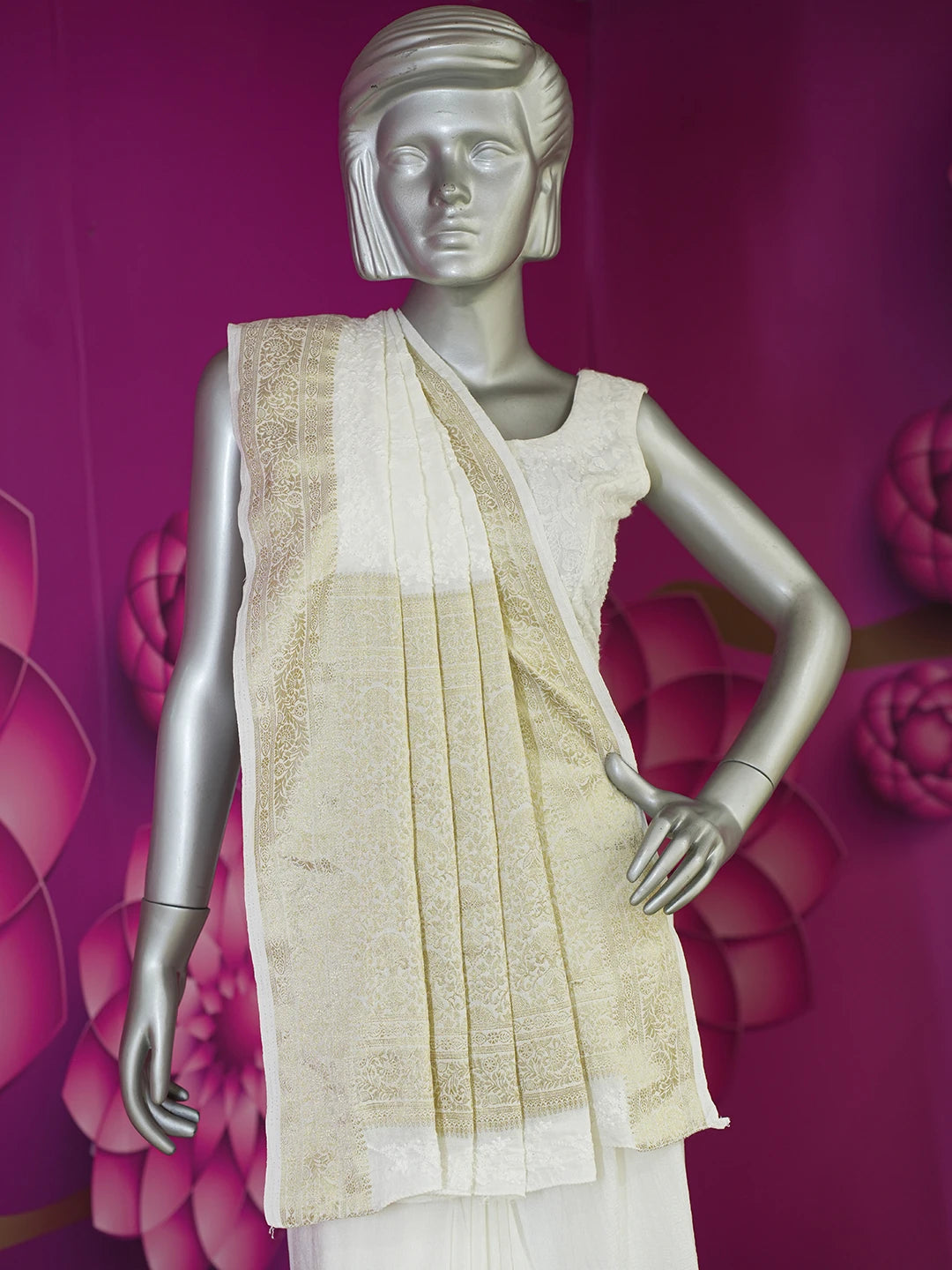 Ada Hand Embroidered White Crepe Lucknowi Chikankari Saree and Blouse 01A613804