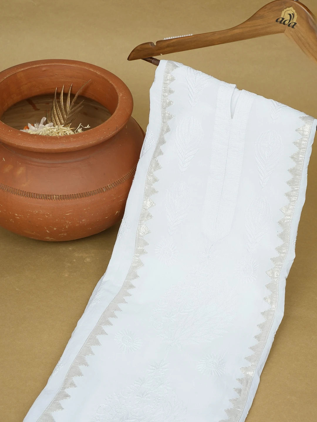 Ada Hand Embroidered White Cotton Lucknowi Chikankari Semi-Stitched Kurta Piece 01A380653