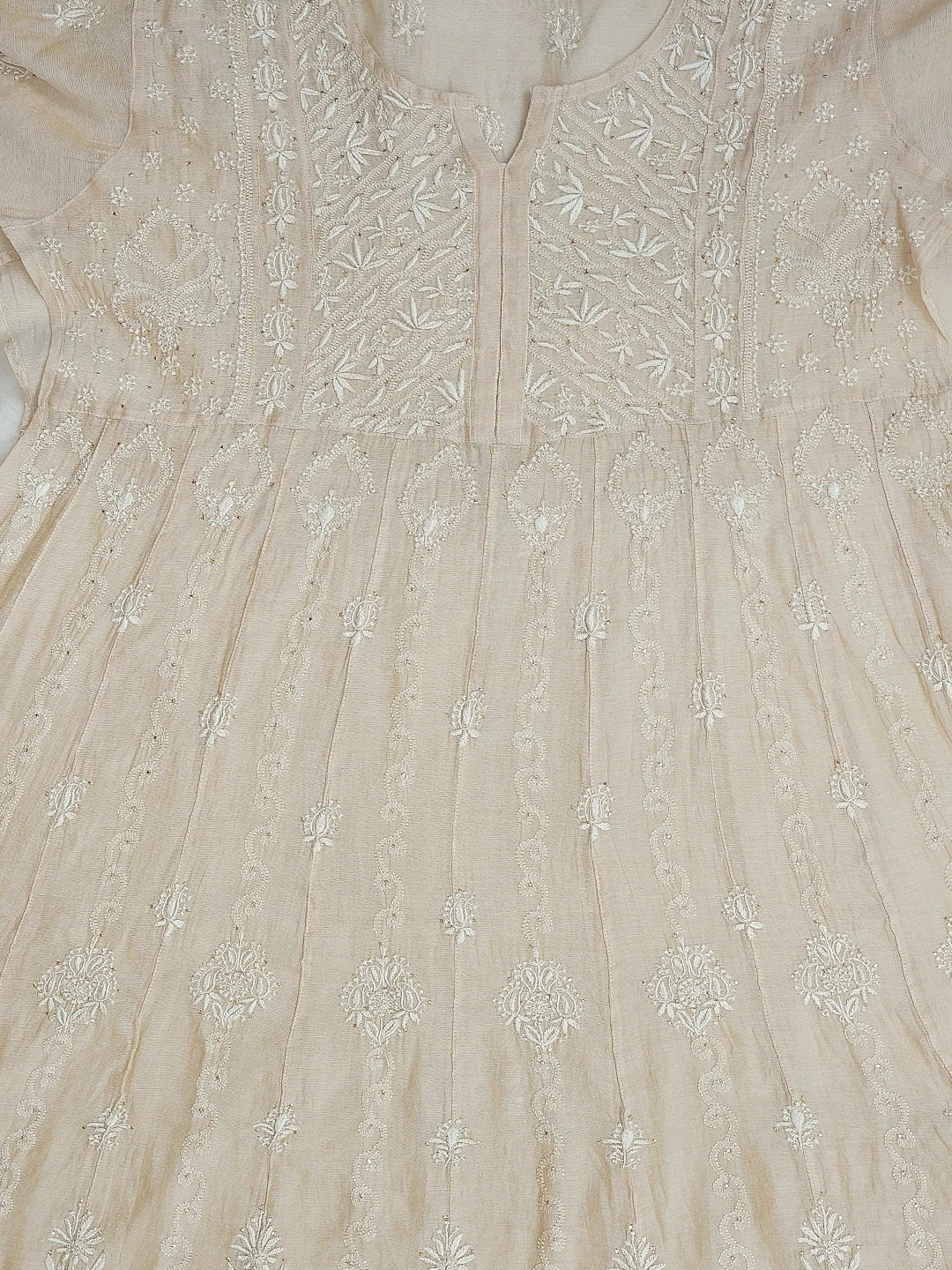 Ada Hand Embroidered Fawn Tissue Lucknowi Chikankari Semi-Stitched Kurta Piece With Muqaish Work 01A397706