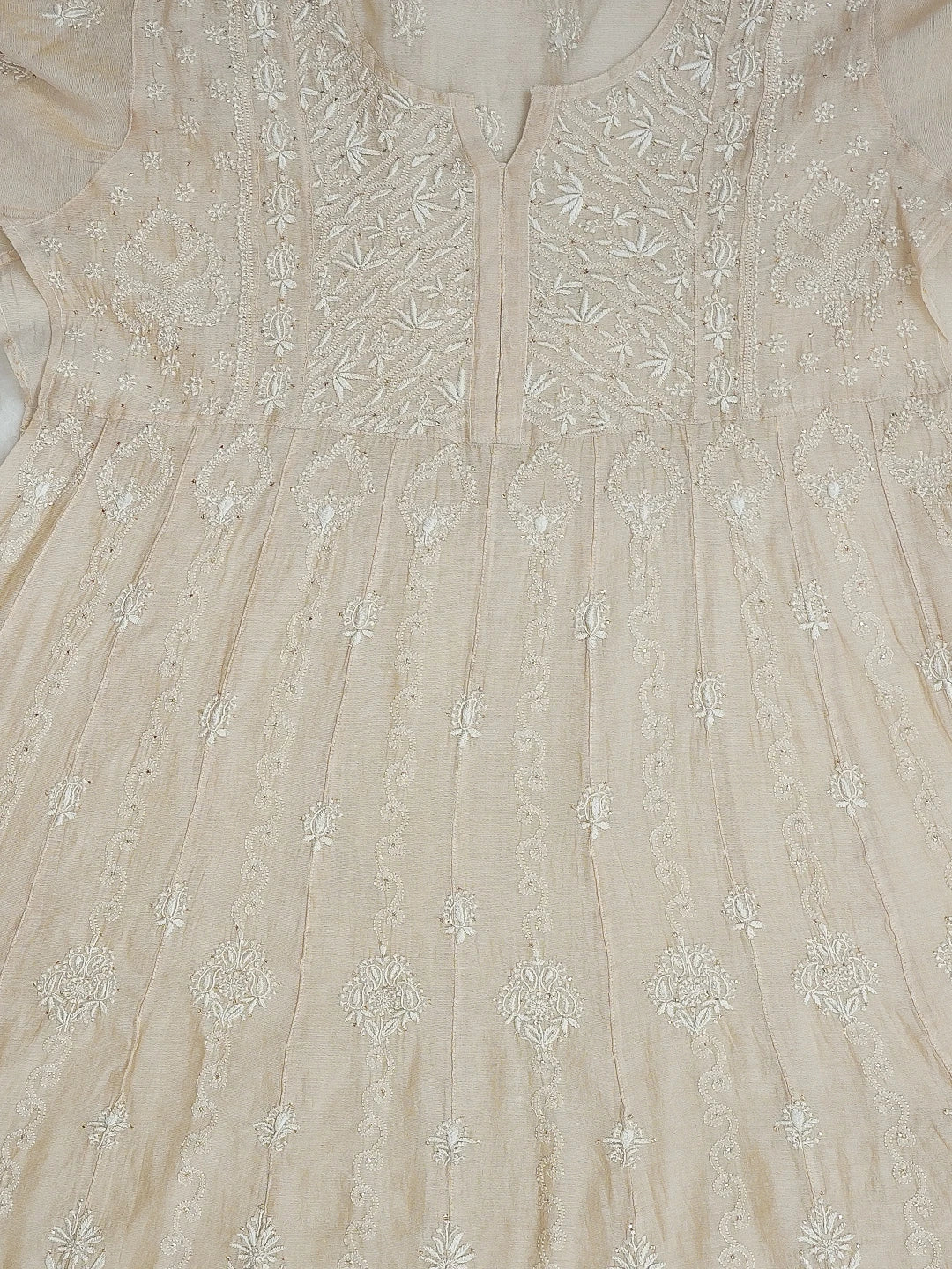 Ada Hand Embroidered Fawn Tissue Lucknowi Chikankari Semi-Stitched Kurta Piece With Muqaish Work 01A397706