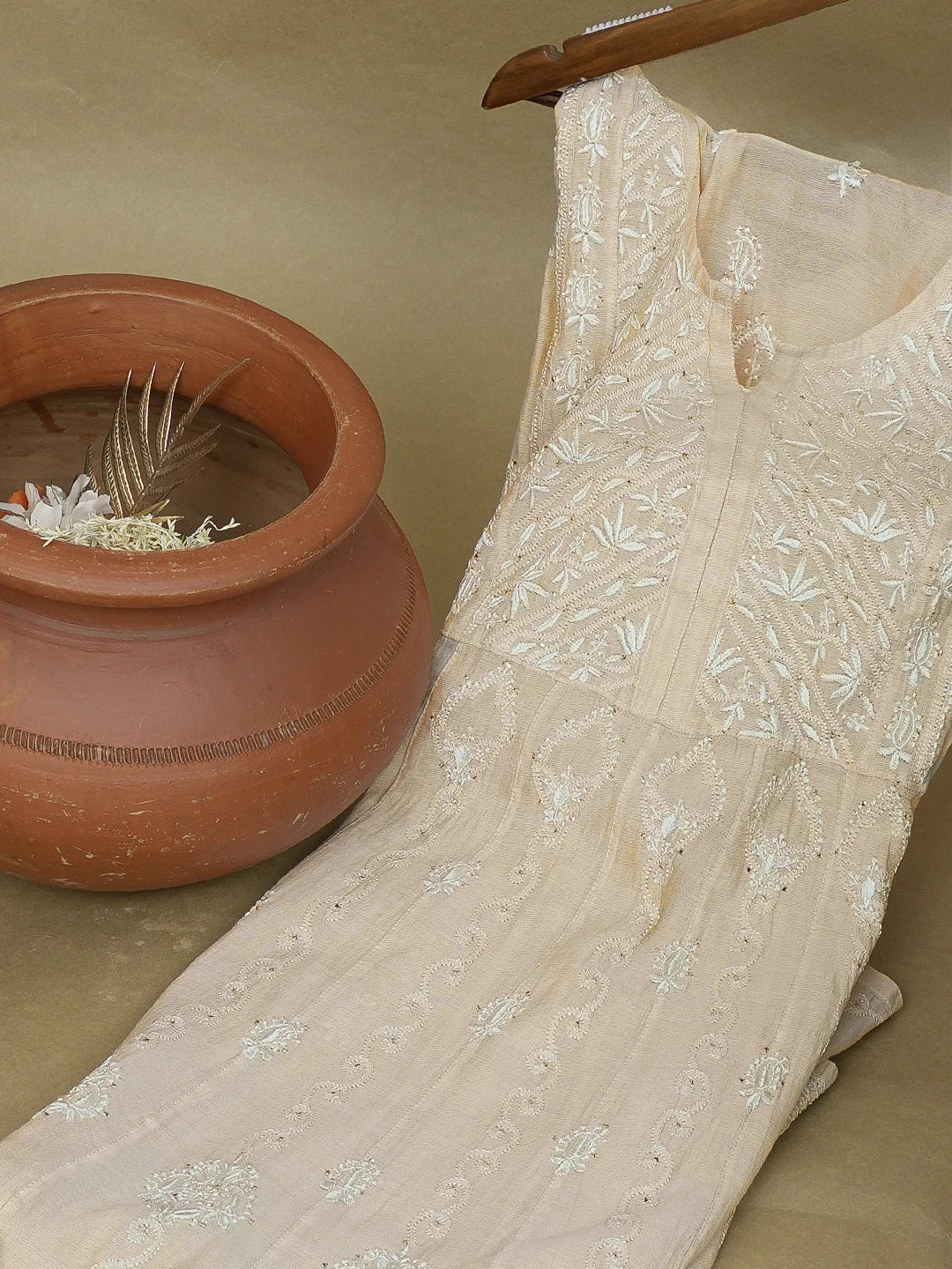 Ada Hand Embroidered Fawn Tissue Lucknowi Chikankari Semi-Stitched Kurta Piece With Muqaish Work 01A397706