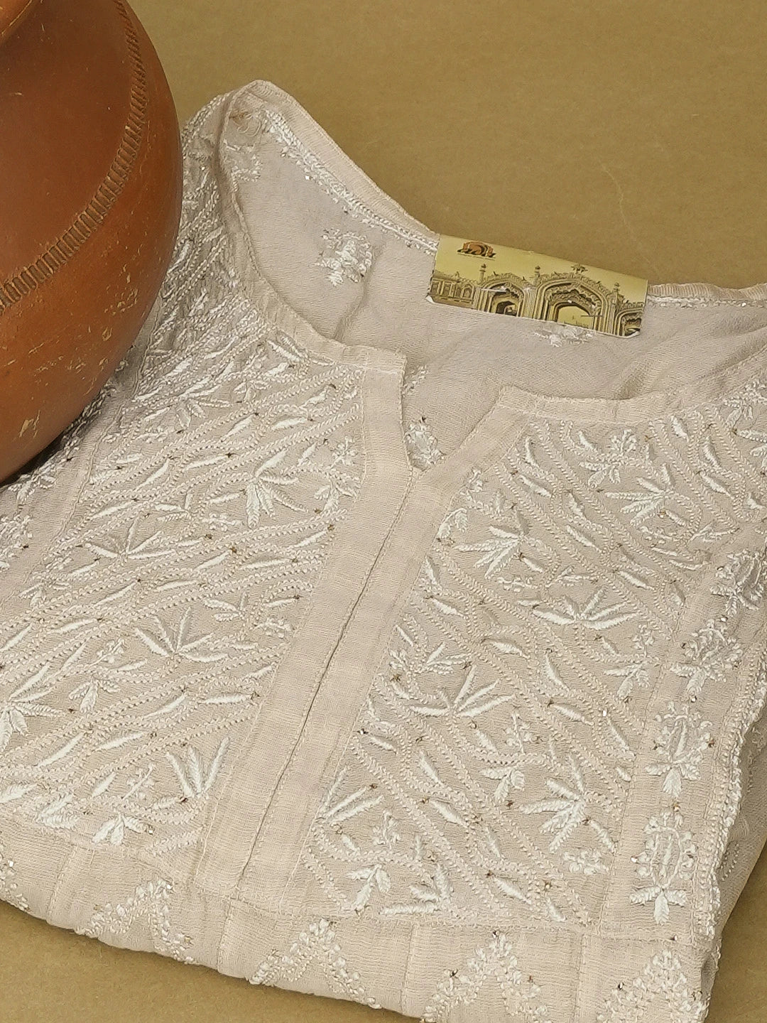 Ada Hand Embroidered Fawn Tissue Lucknowi Chikankari Semi-Stitched Kurta Piece With Muqaish Work 01A397706
