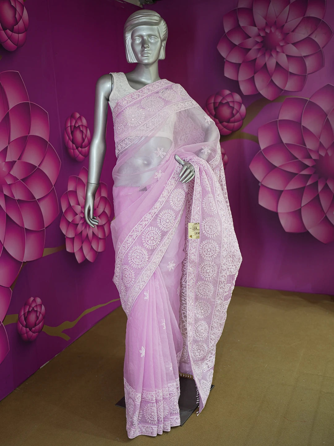 Ada Hand Embroidered Lavender Organza Lucknowi Chikankari Saree and Blouse With Sequinned Work 01A573619