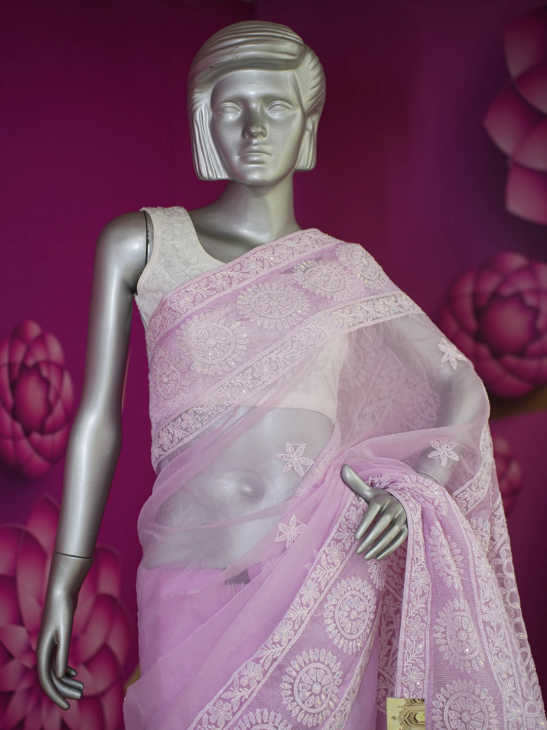 Ada Hand Embroidered Lavender Organza Lucknowi Chikankari Saree and Blouse With Sequinned Work 01A573619