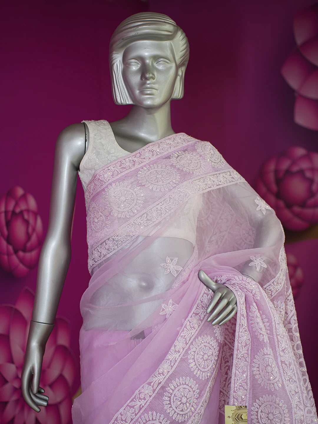 Ada Hand Embroidered Lavender Organza Lucknowi Chikankari Saree and Blouse With Sequinned Work 01A573619