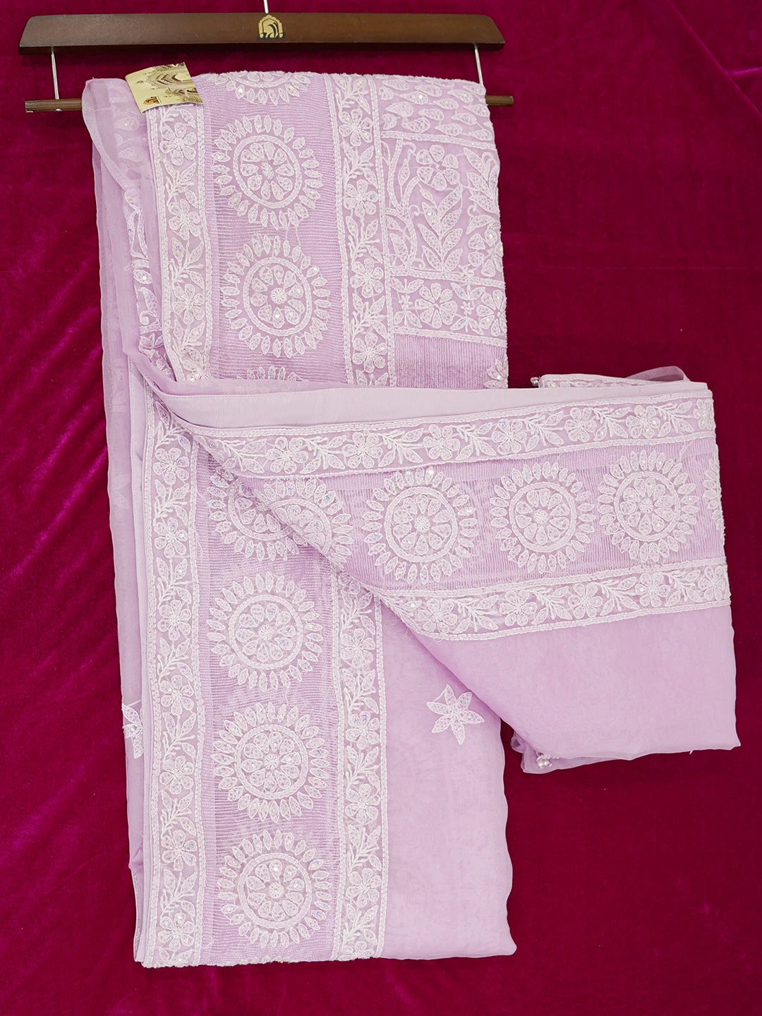 Ada Hand Embroidered Lavender Organza Lucknowi Chikankari Saree and Blouse With Sequinned Work 01A573619