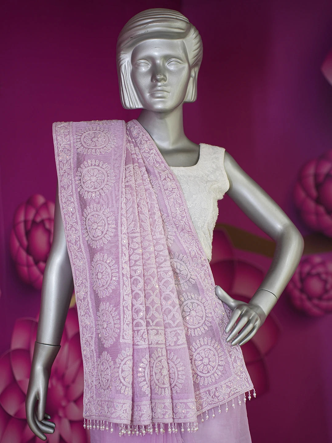 Ada Hand Embroidered Lavender Organza Lucknowi Chikankari Saree and Blouse With Sequinned Work 01A573619