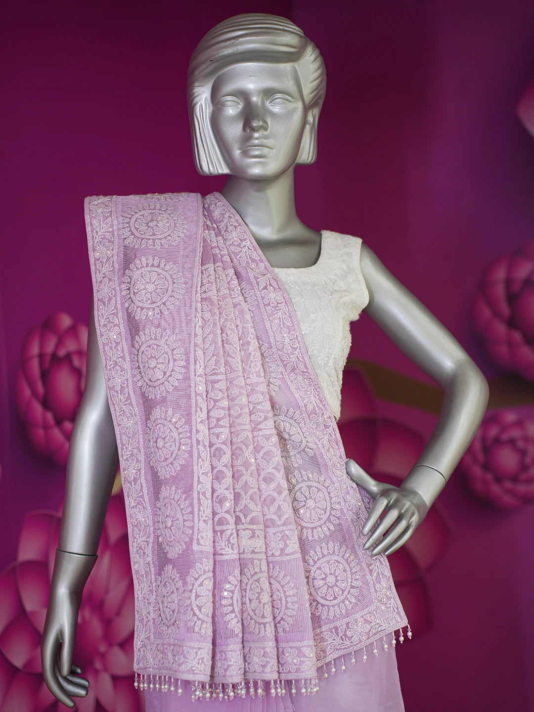 Ada Hand Embroidered Lavender Organza Lucknowi Chikankari Saree and Blouse With Sequinned Work 01A573619