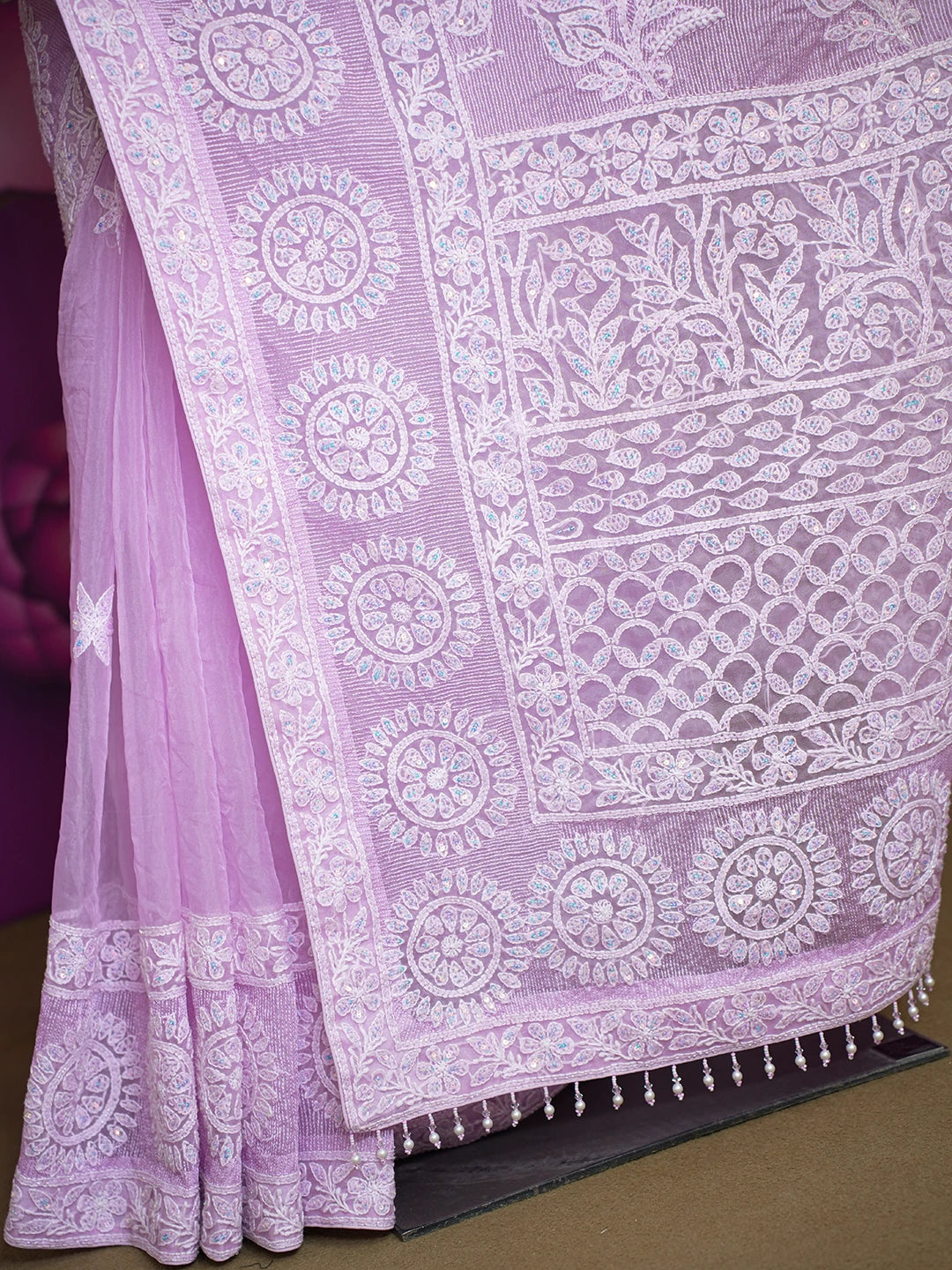 Ada Hand Embroidered Lavender Organza Lucknowi Chikankari Saree and Blouse With Sequinned Work 01A573619