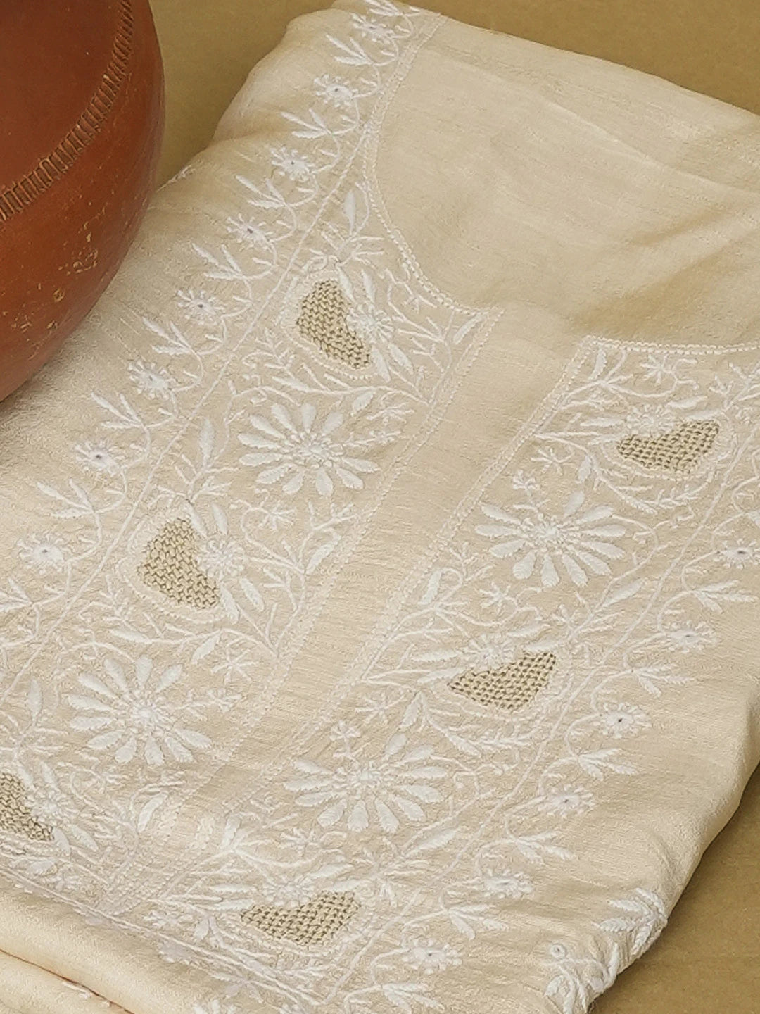 Ada Hand Embroidered Fawn Silk Lucknowi Chikankari Unstitched Kurta Piece 01A528315