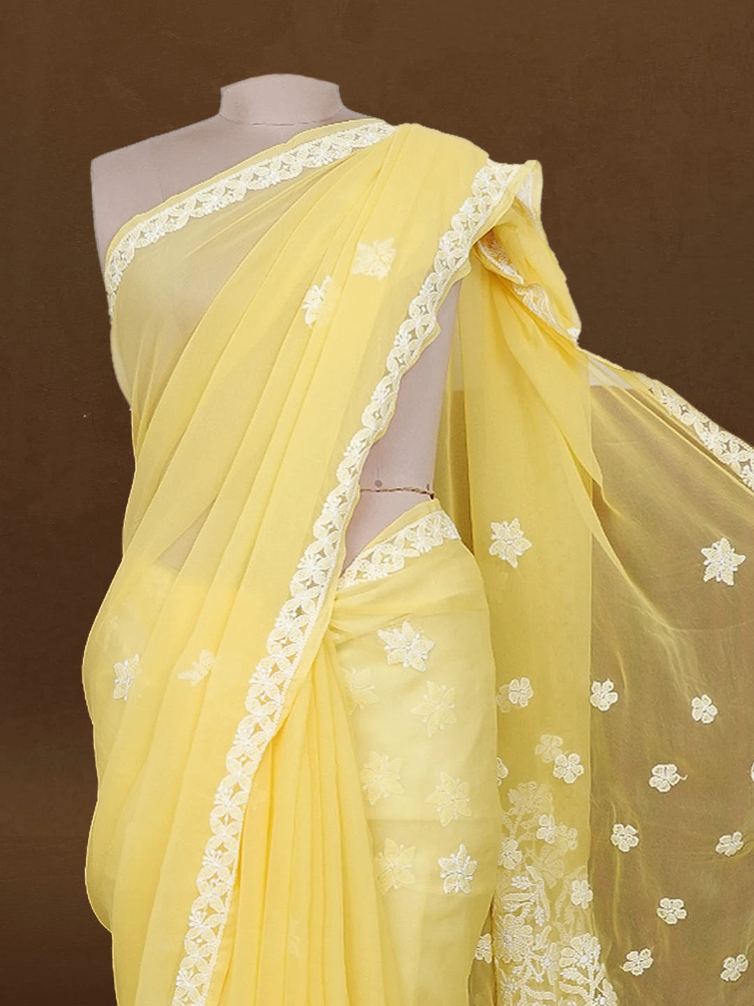 Ada Hand Embroidered Yellow Georgette Lucknowi Chikankari Saree with Blouse 01A596507