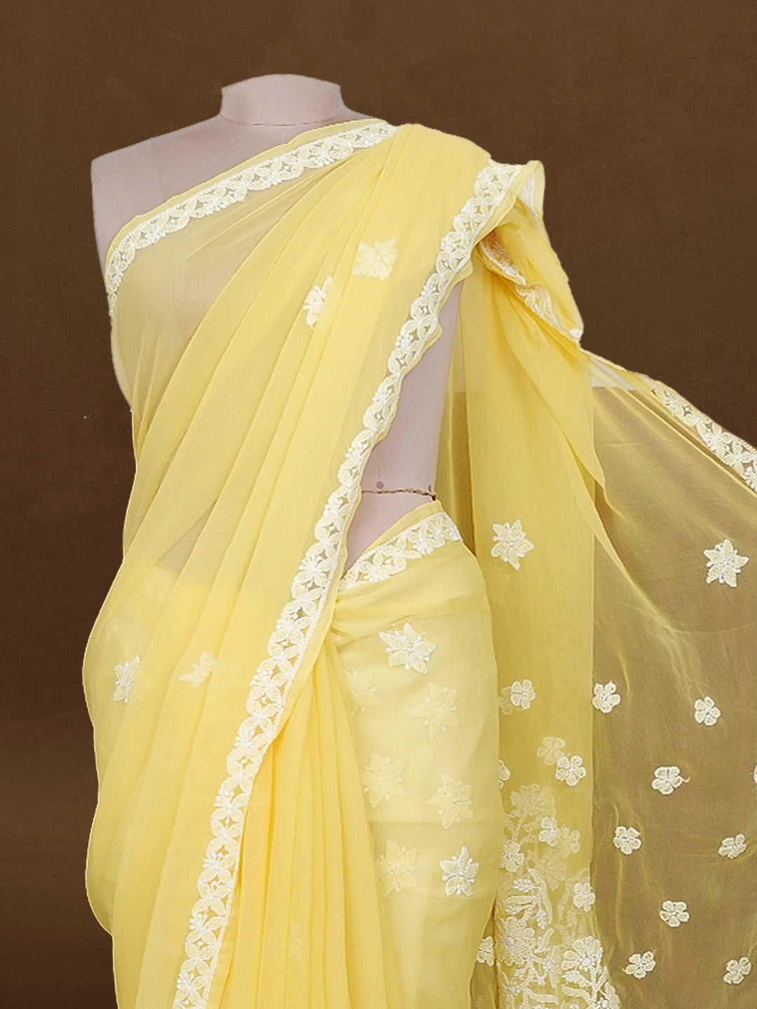 Ada Hand Embroidered Yellow Georgette Lucknowi Chikankari Saree with Blouse 01A596507